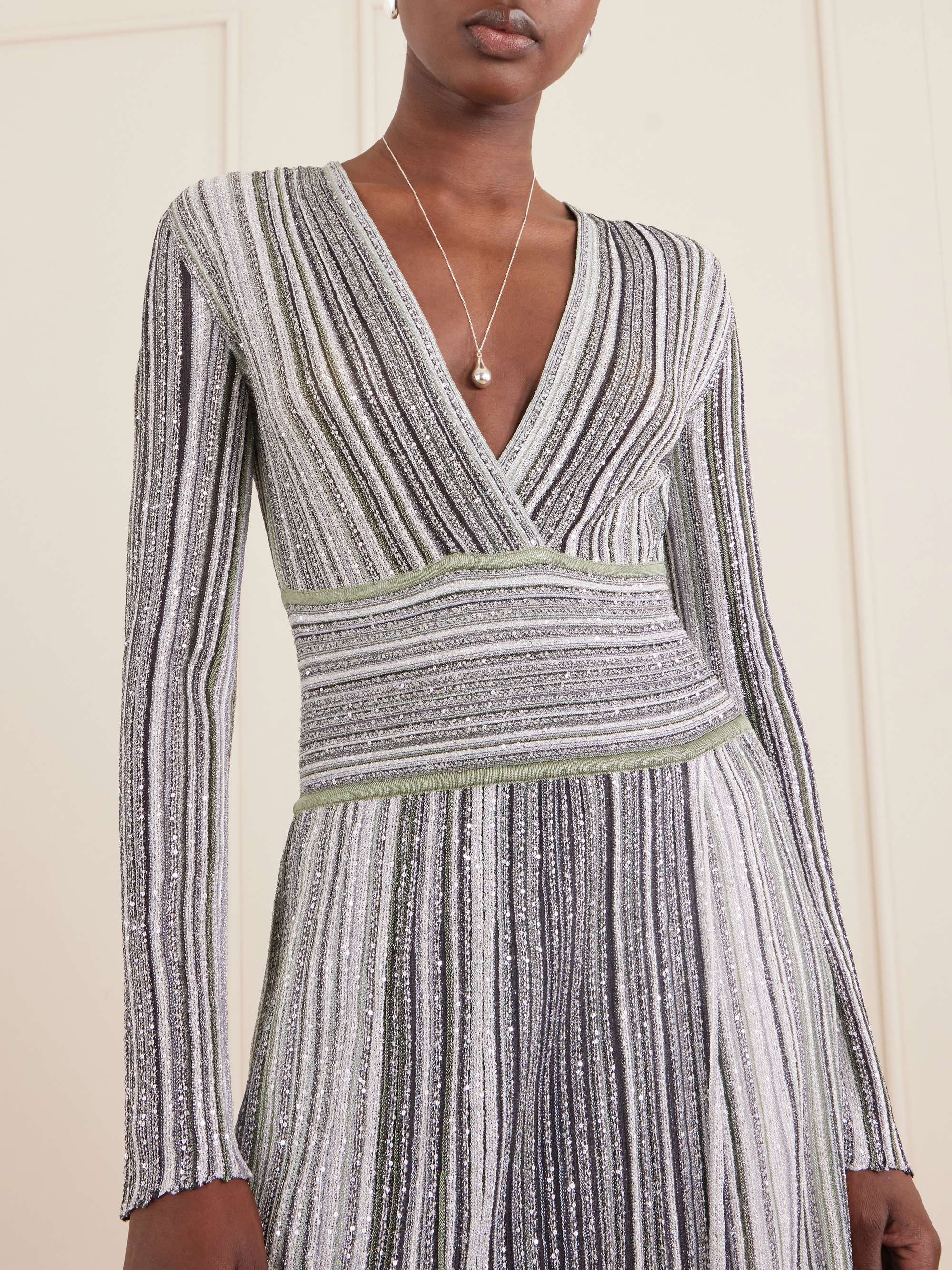 missoni sequin embellished striped crochet knit maxi dress Missoni Sequin-embellished Striped Ribbed-knit Maxi Dress in Blue