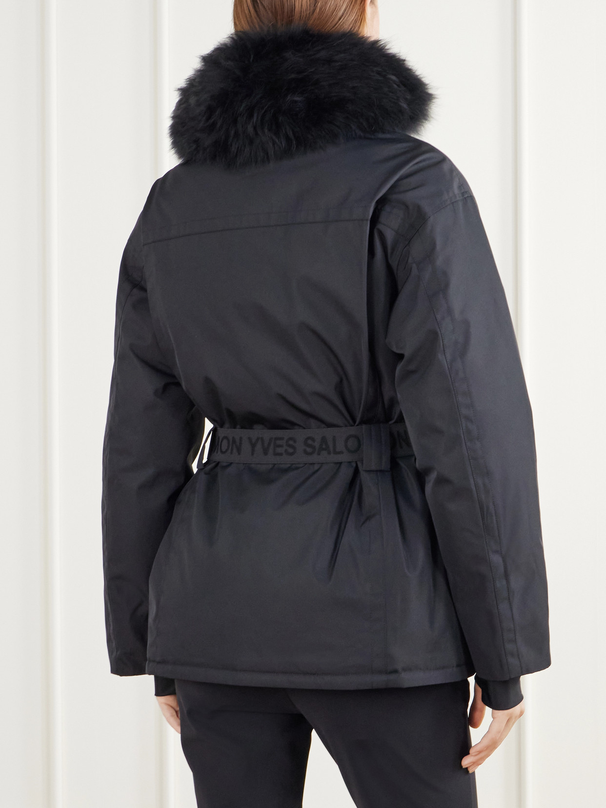 Belted Hooded Shearling-Trimmed Shell Ski Jacket