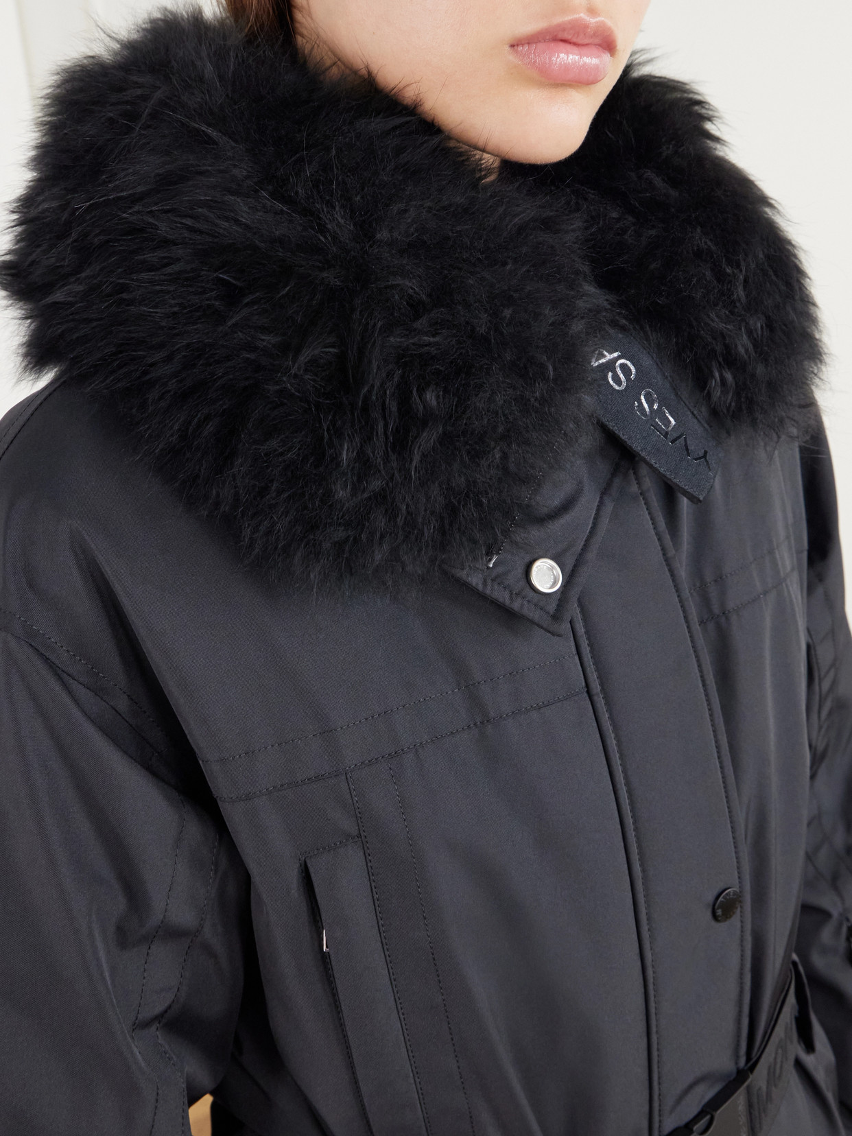 Belted Hooded Shearling-Trimmed Shell Ski Jacket
