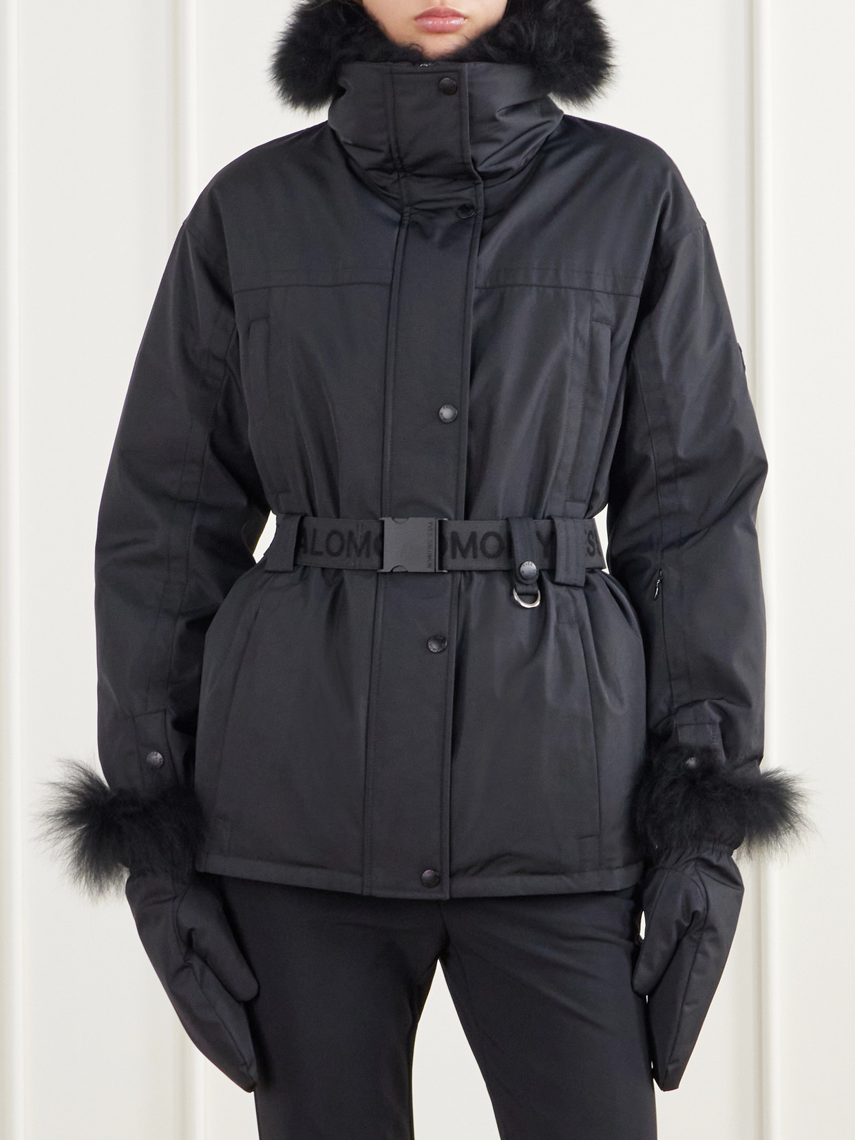 Belted Hooded Shearling-Trimmed Shell Ski Jacket