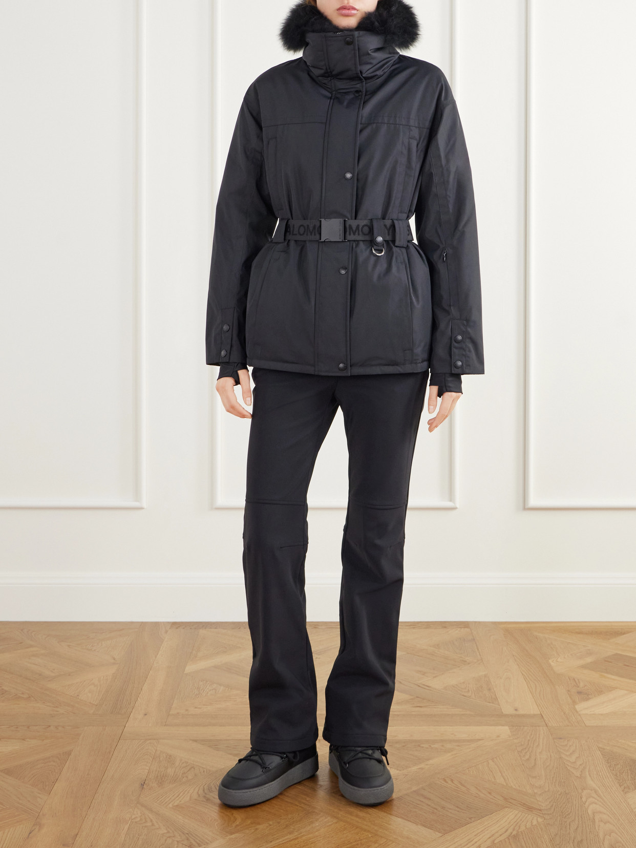 Belted Hooded Shearling-Trimmed Shell Ski Jacket