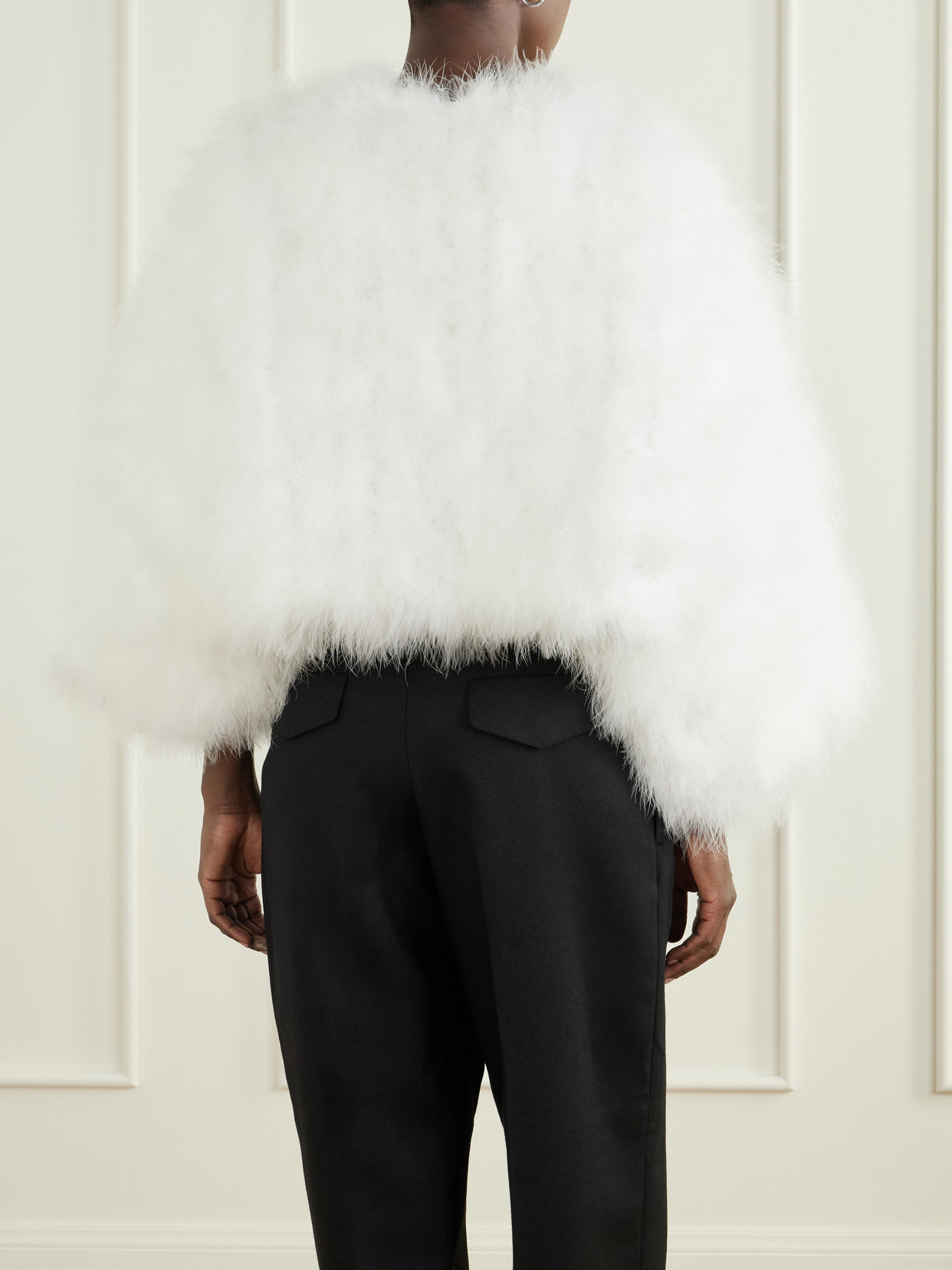 Cropped Feather-Trimmed Satin Cape