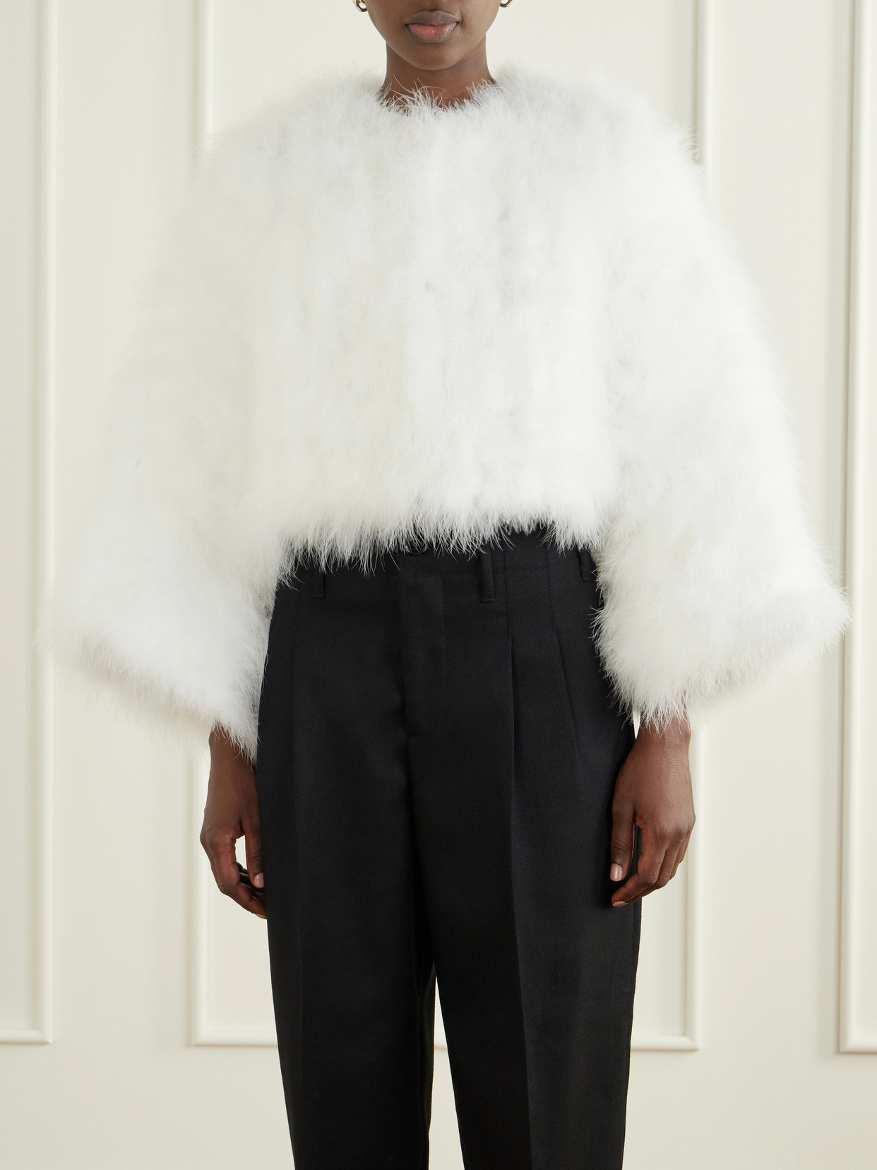 Cropped Feather-Trimmed Satin Cape