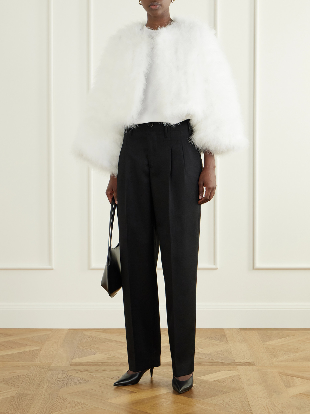 Cropped Feather-Trimmed Satin Cape