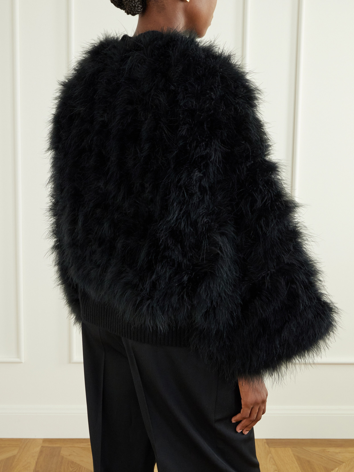 Cropped Feather-Trimmed Satin Cape