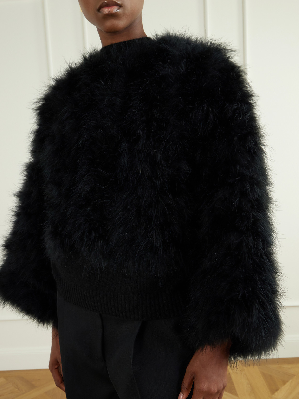 Cropped Feather-Trimmed Satin Cape