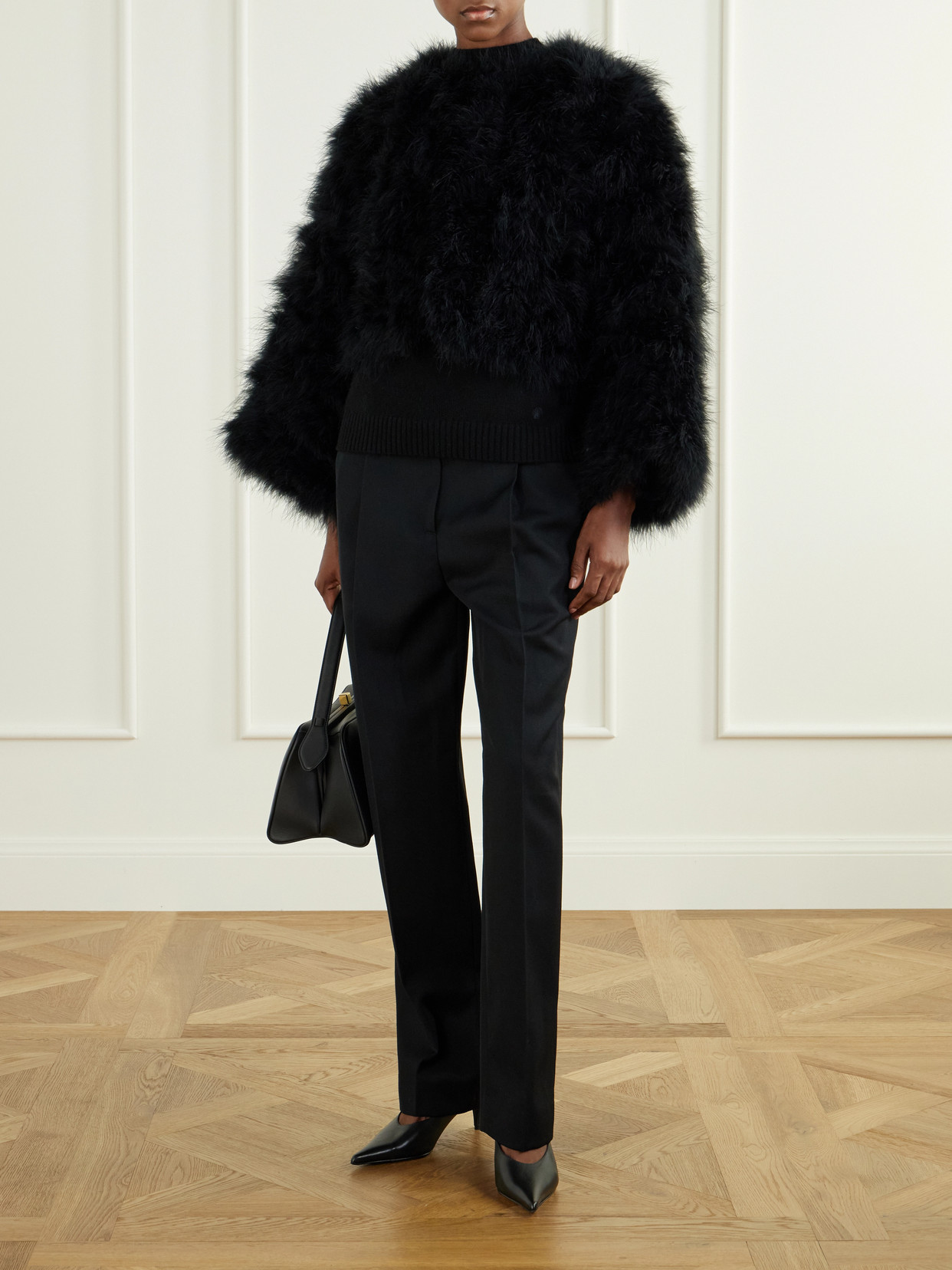 Cropped Feather-Trimmed Satin Cape