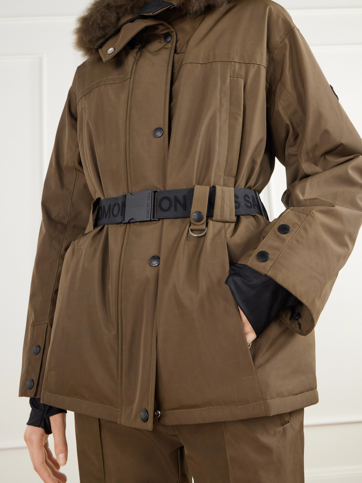 Belted Hooded Shearling-Trimmed Shell Ski Jacket