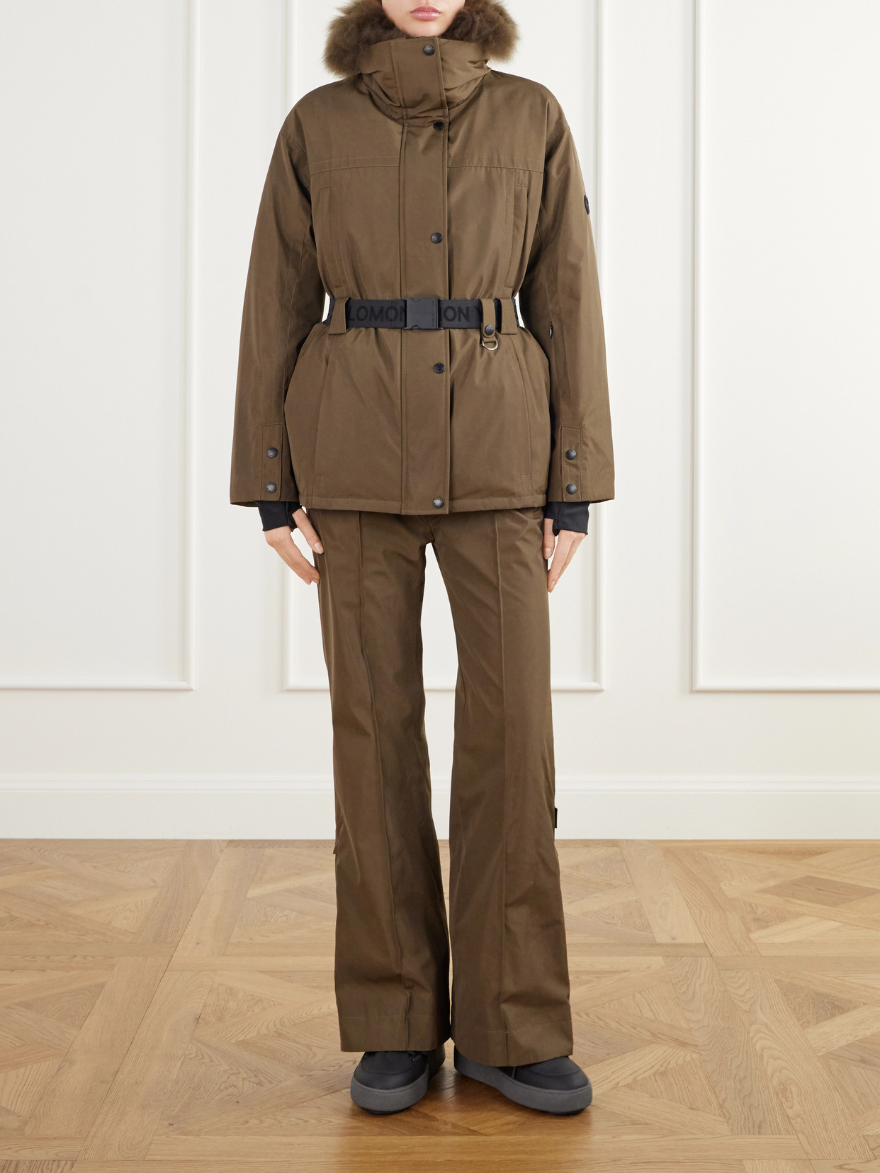 Belted Hooded Shearling-Trimmed Shell Ski Jacket