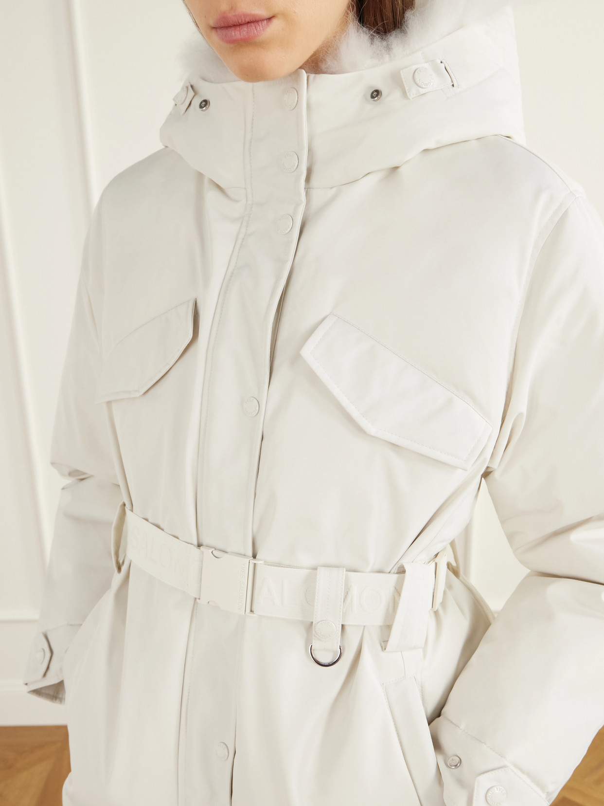 Belted Shearling-Trimmed Shell Down Ski Jacket