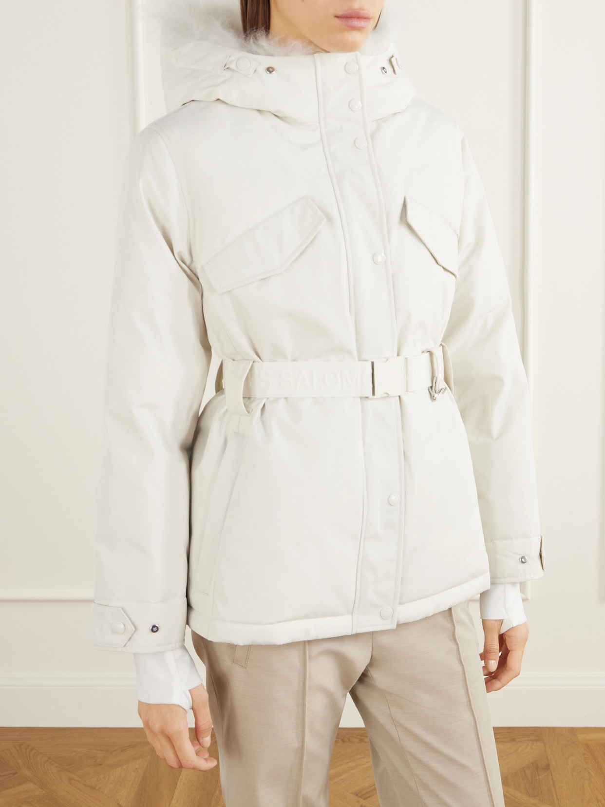 Belted Shearling-Trimmed Shell Down Ski Jacket
