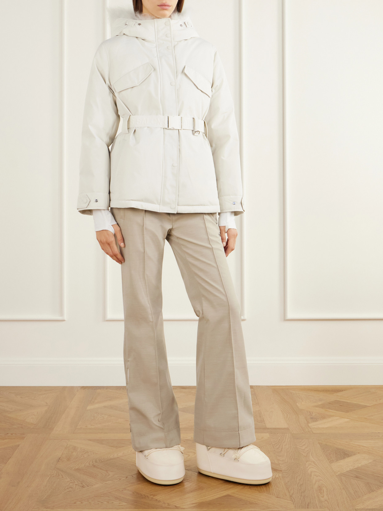 Belted Shearling-Trimmed Shell Down Ski Jacket
