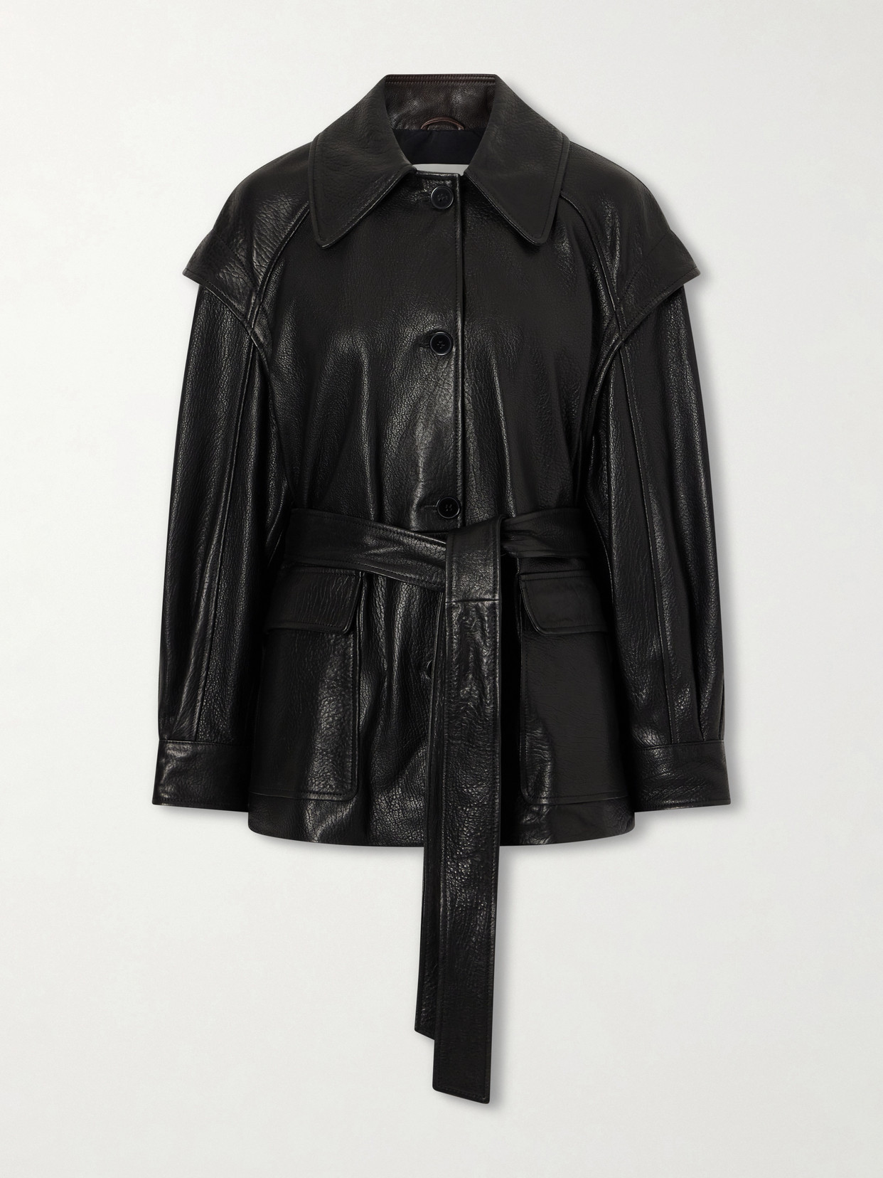 Nour Hammour Perrin Belted Textured-leather Jacket In Black