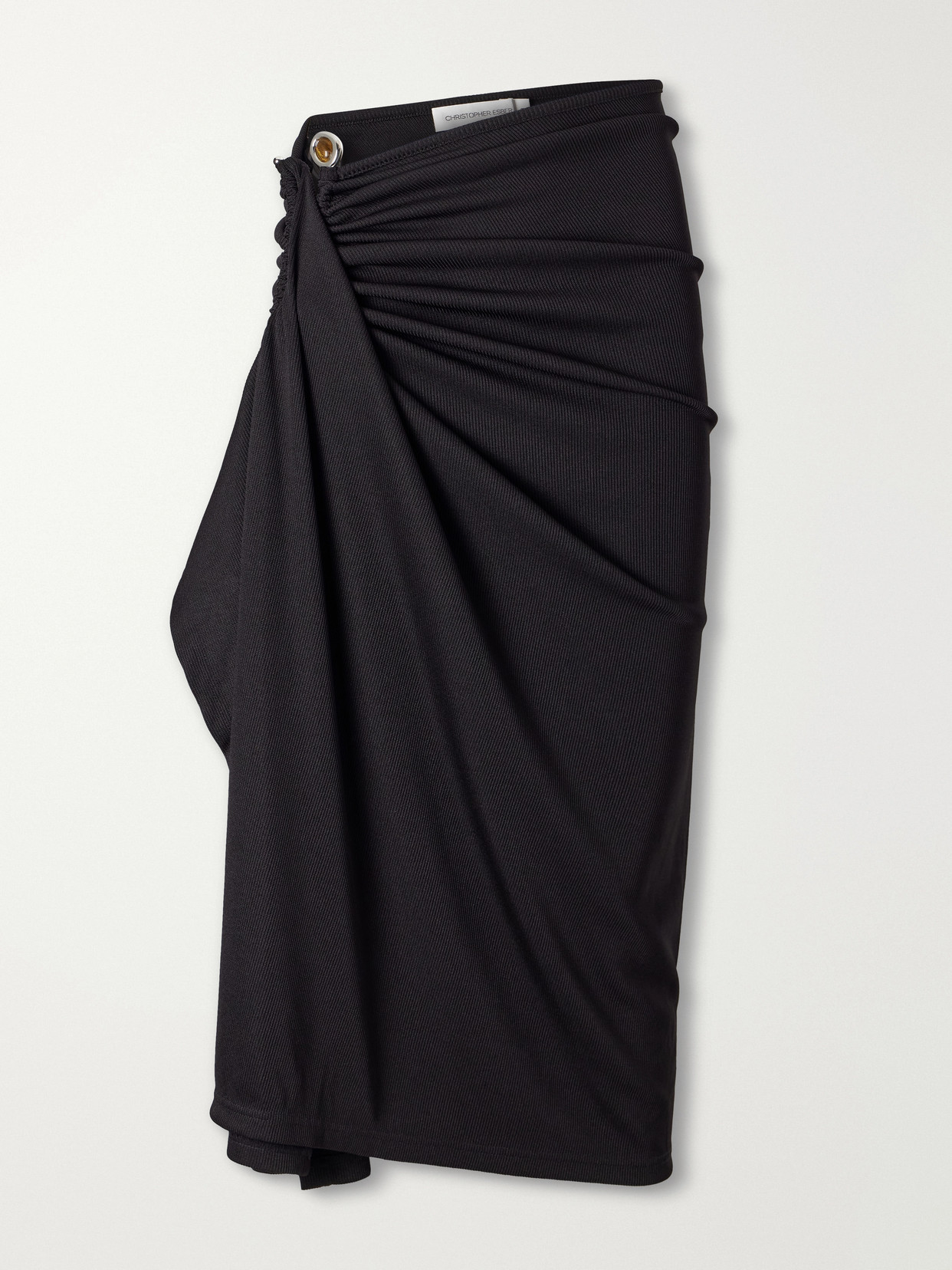 Christopher Esber - Droplet Crystal Clasp Cascade Embellished Ribbed Midi Skirt - Black