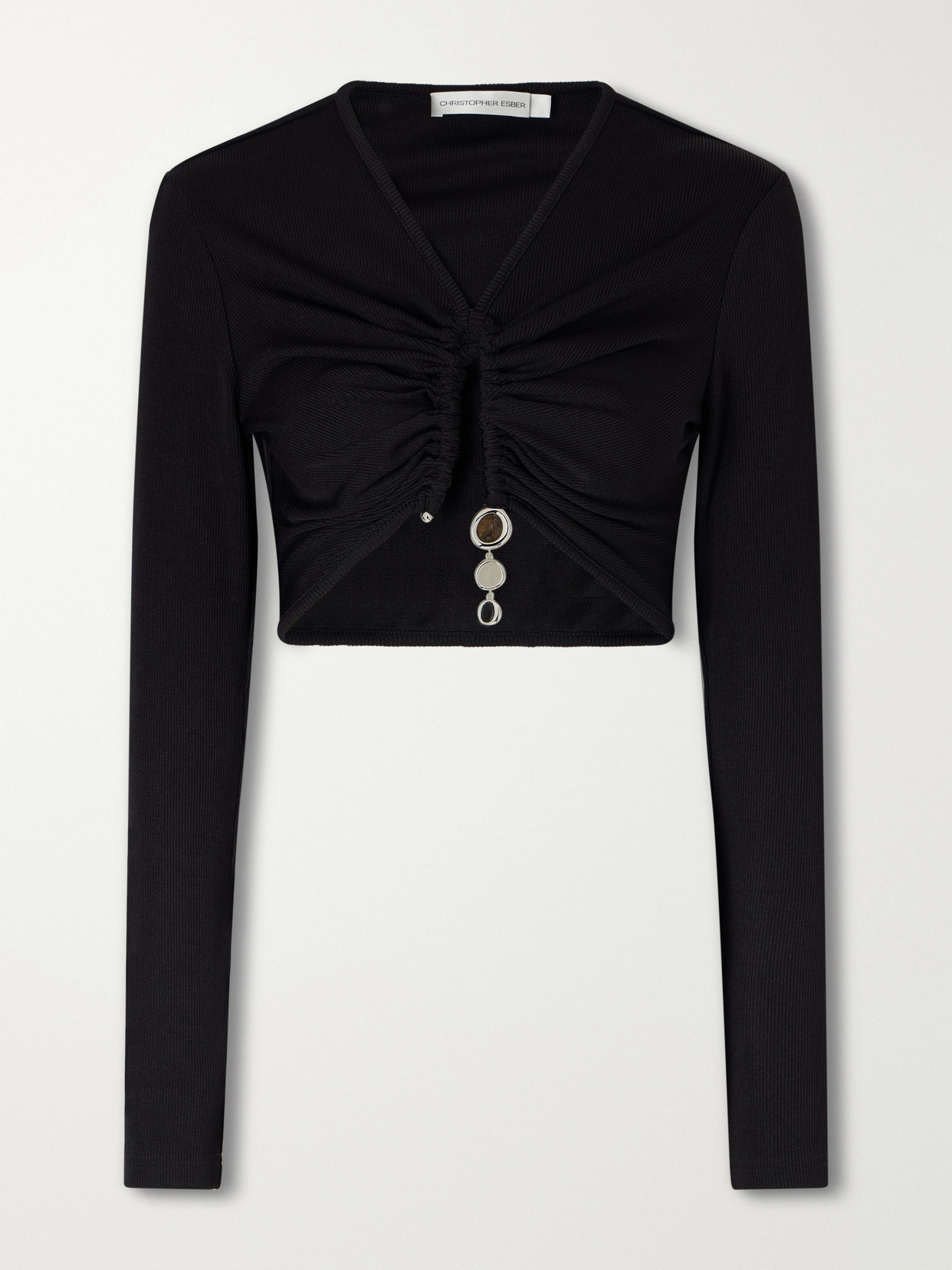 Christopher Esber Droplet Crystal-embellished Ribbed Blouse In Black