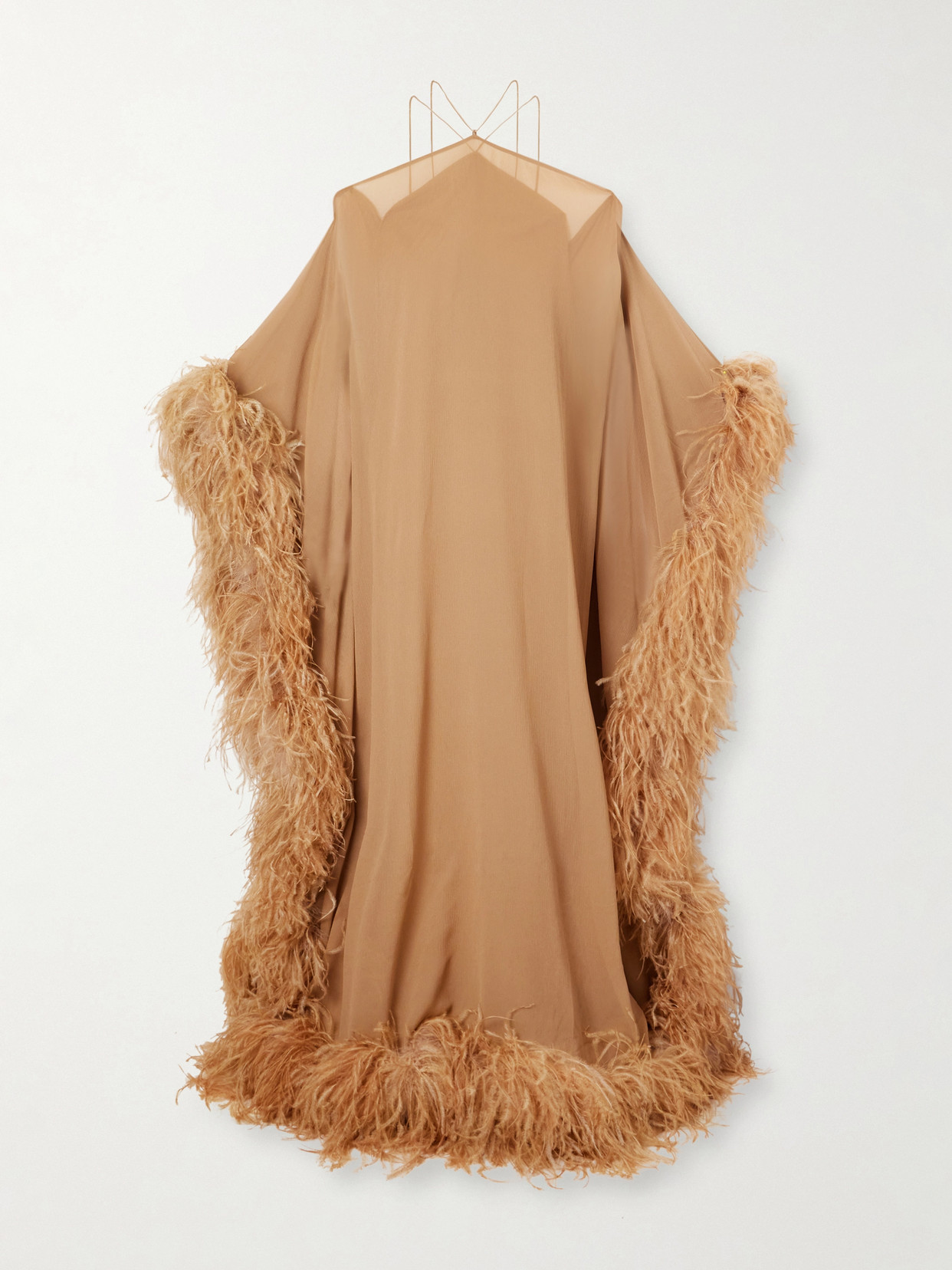 Taller Marmo Sza Sza Spirito Feather-trimmed Silk-chiffon Gown In Brown