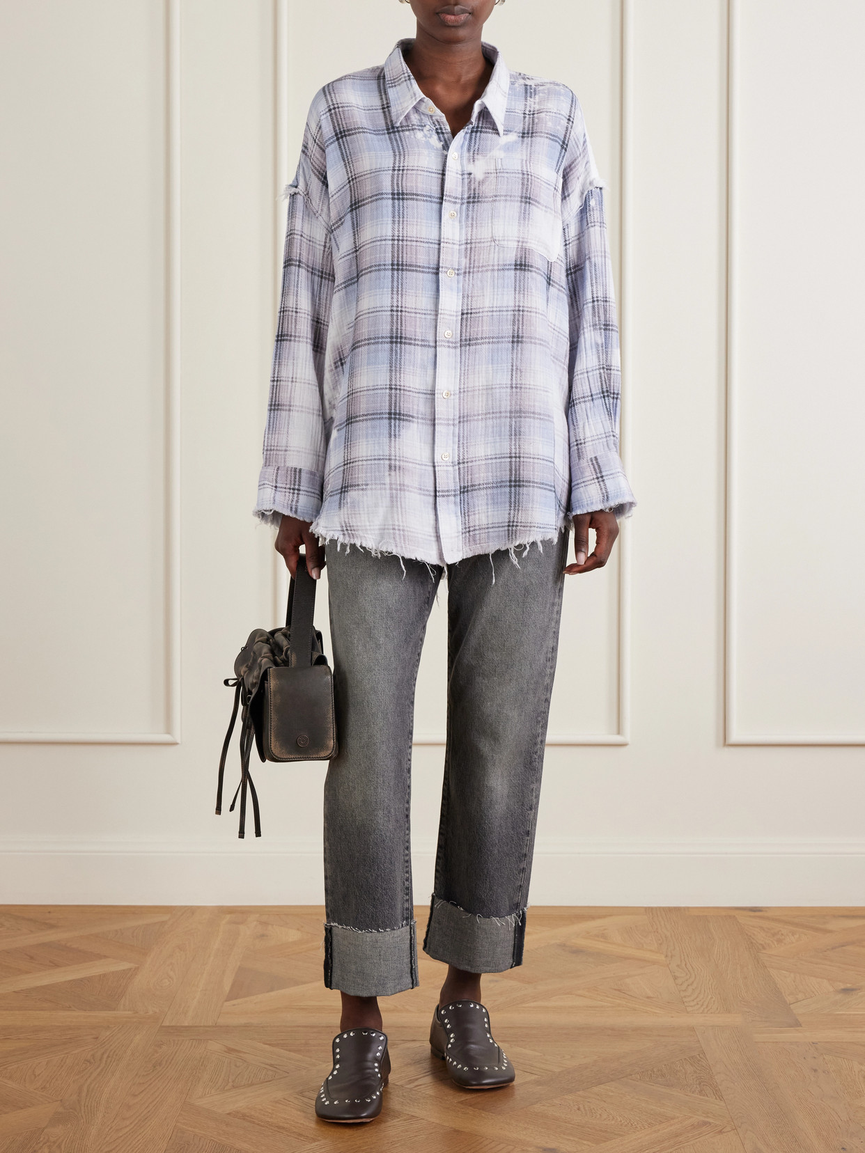 Distressed Checked Crinkled-Cotton Gauze Shirt