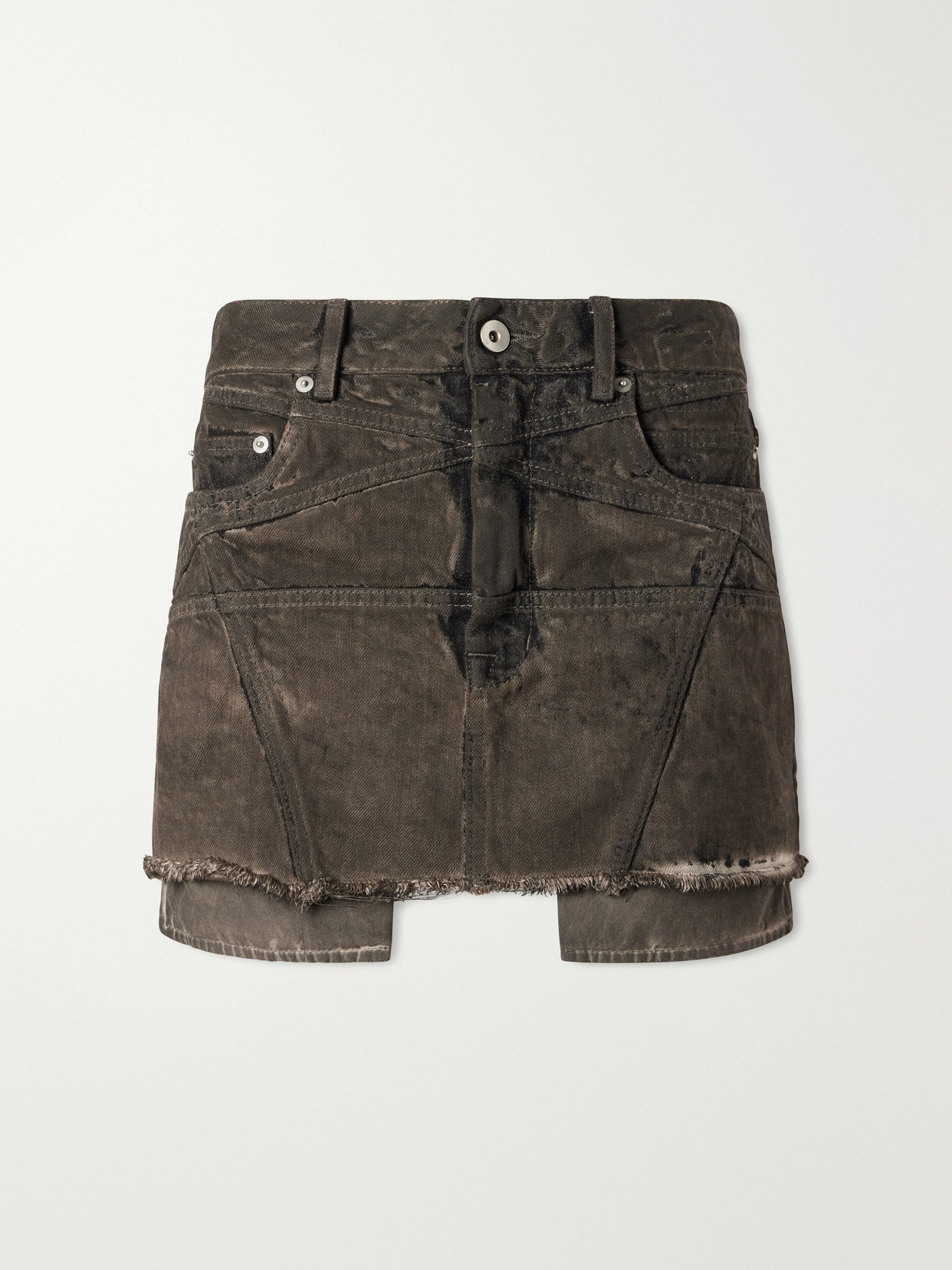 Rick Owens Drkshdw Lana Paneled Frayed Denim Mini Skirt In Brown