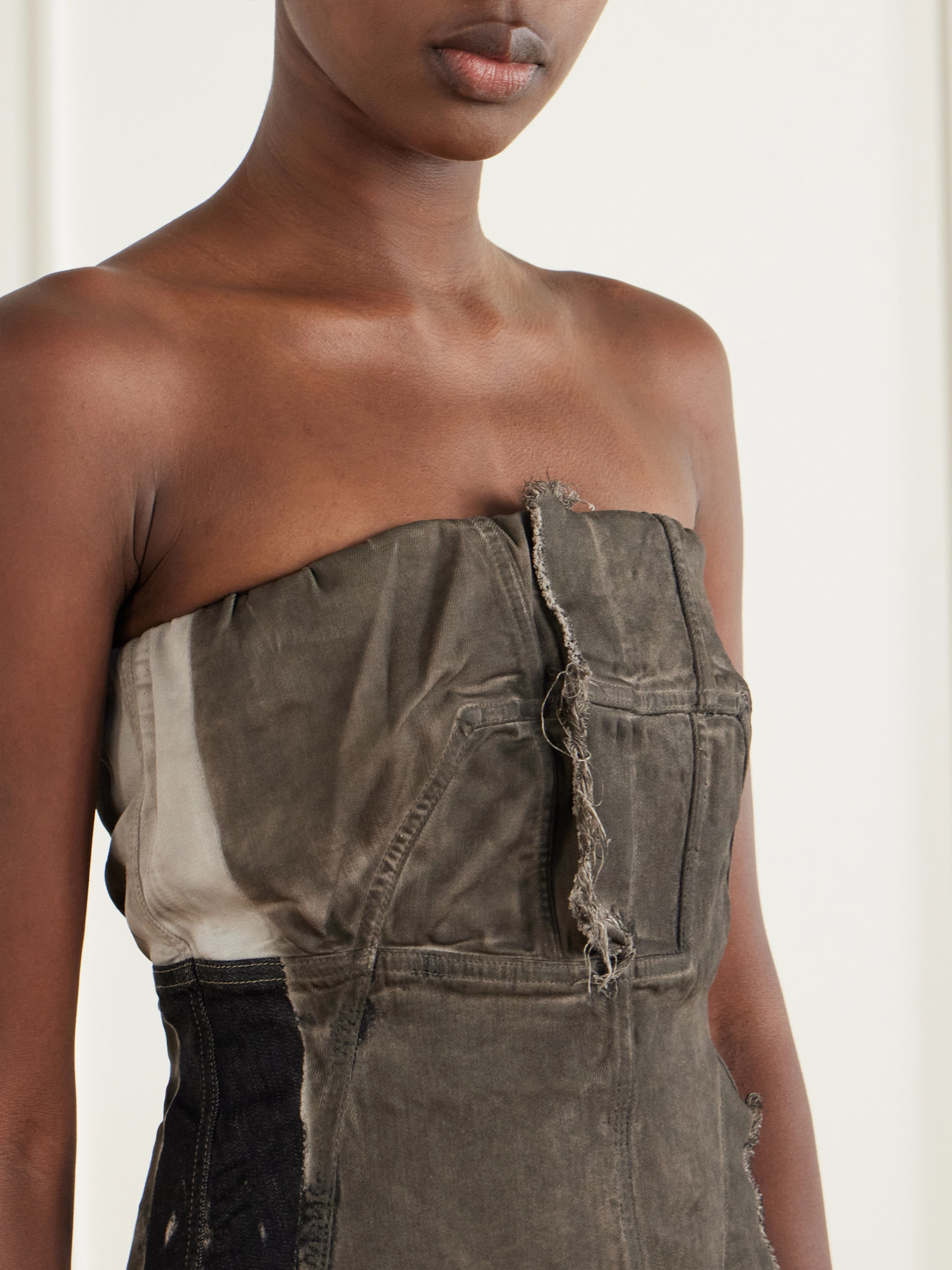 Drkshdw Paneled Frayed Stretch-Denim Top