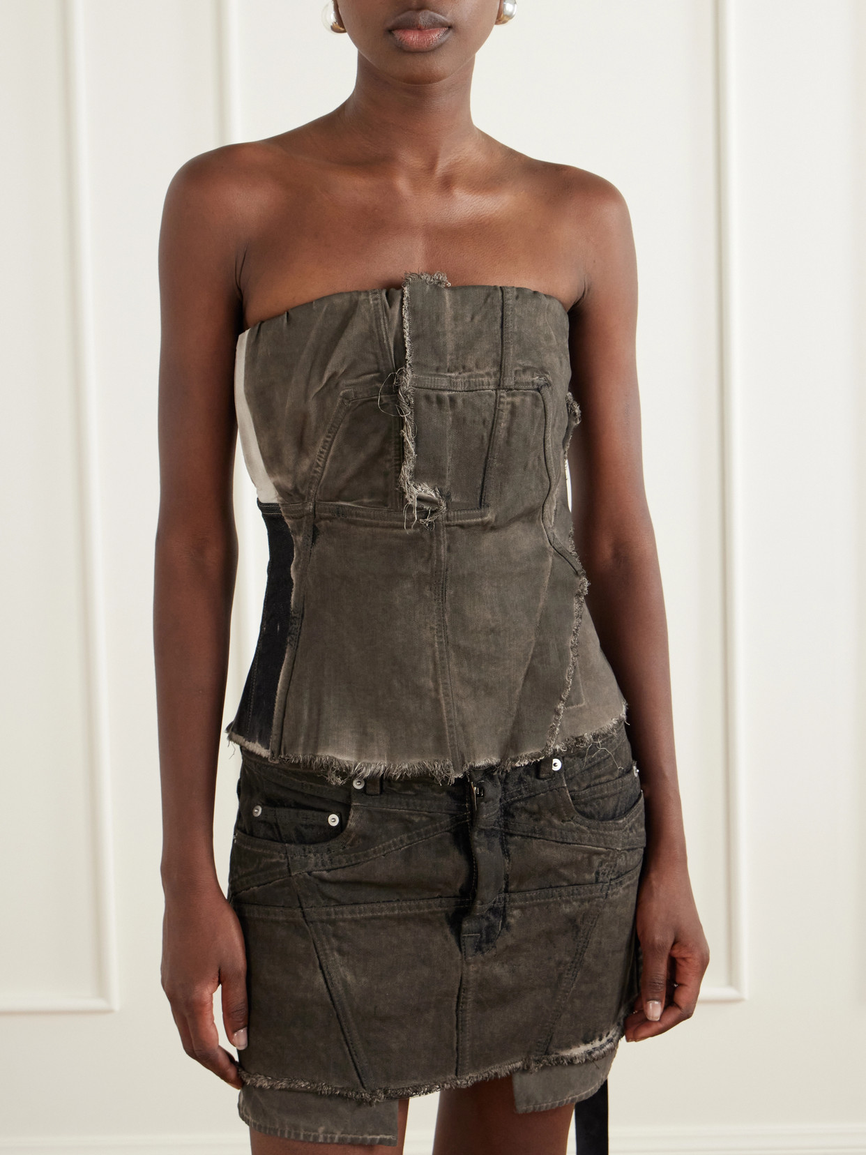 Drkshdw Paneled Frayed Stretch-Denim Top