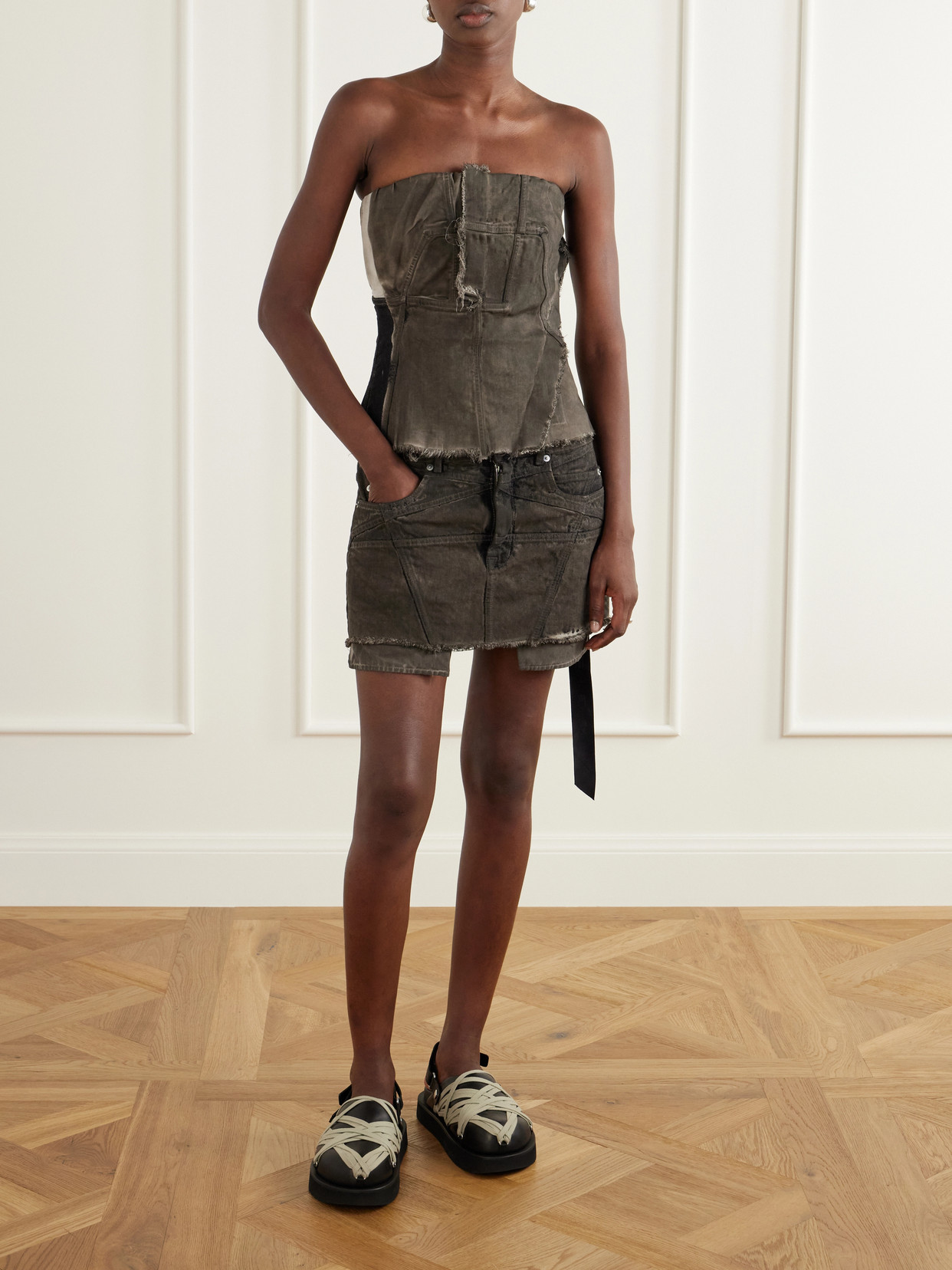 Drkshdw Paneled Frayed Stretch-Denim Top