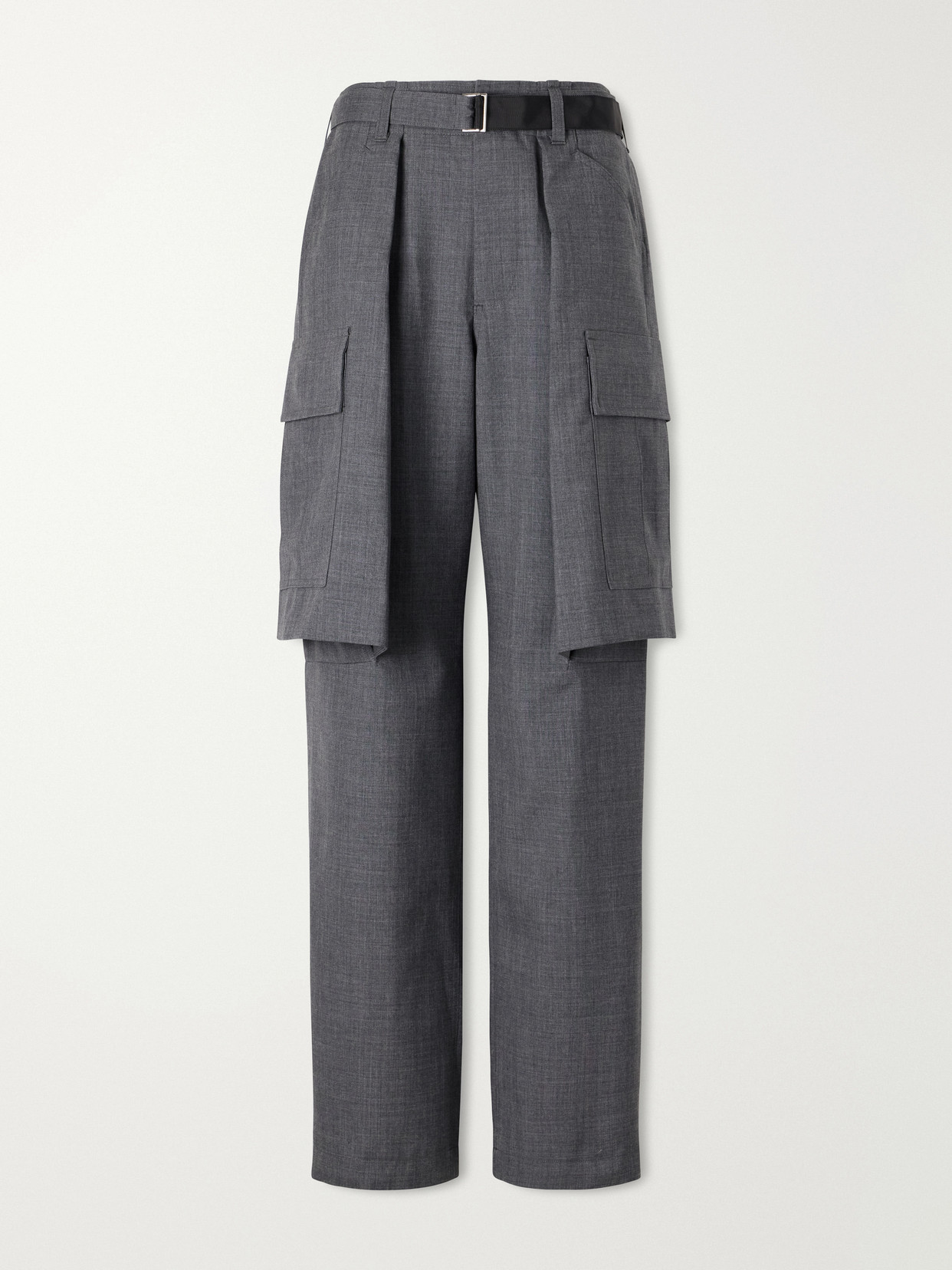 Sacai Pleated Belted Twill Wide-leg Pants In Gray