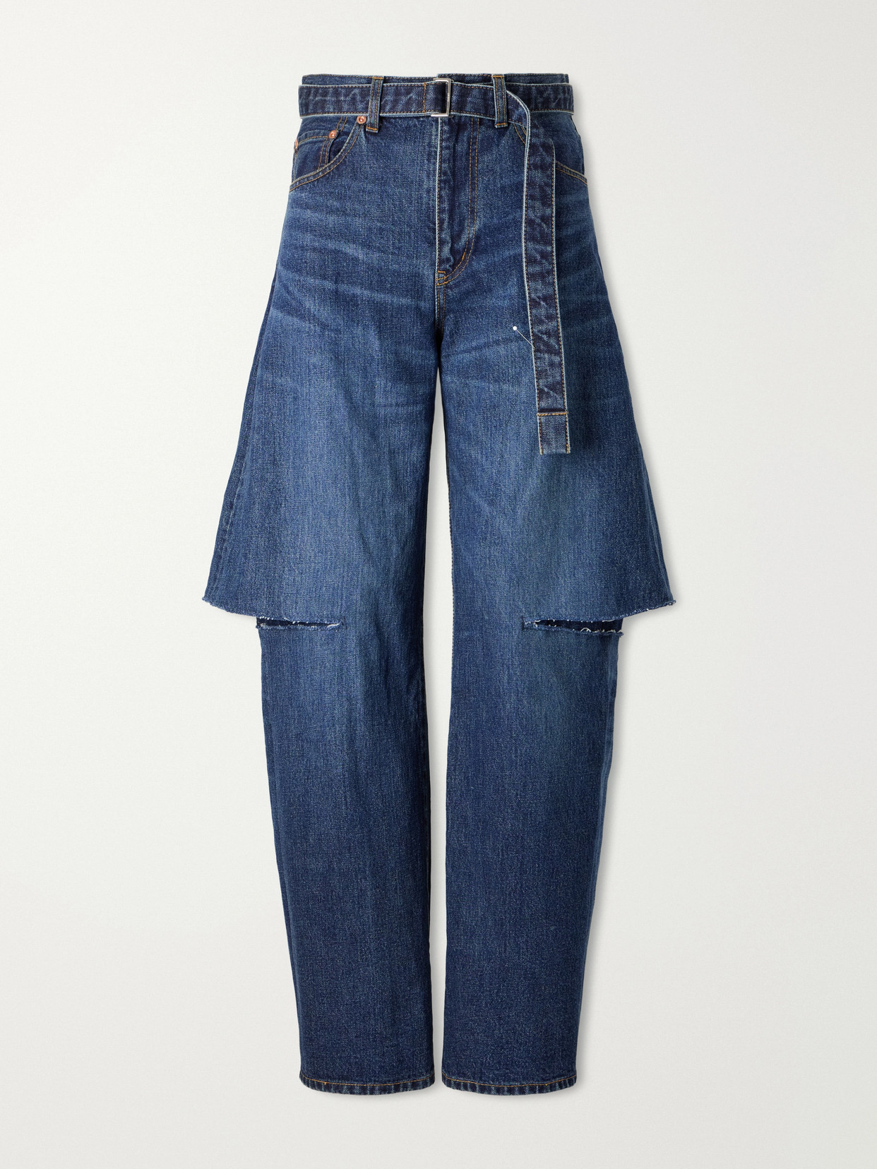 Sacai Belted Cut-out Mid-rise Wide-leg Jeans In Blue