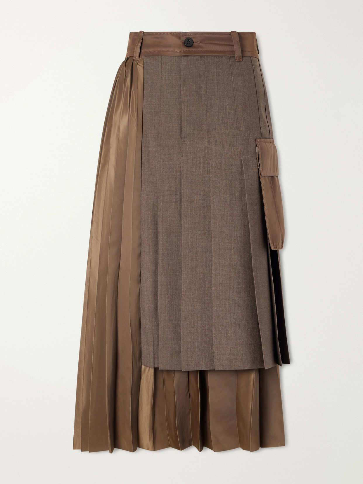 Sacai Pleated Twill And Shell Midi Skirt In Brown