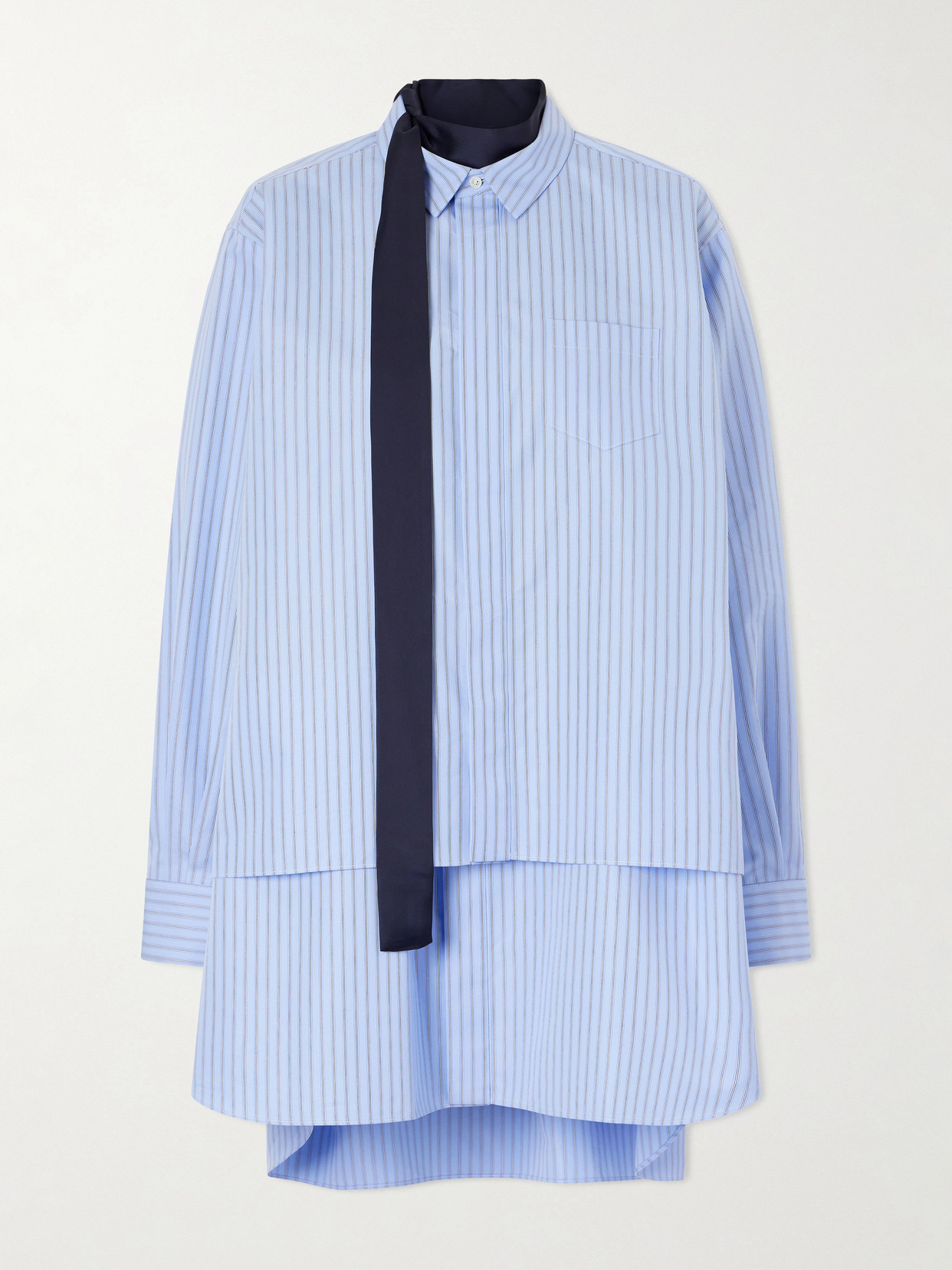 Sacai Scarf-detailed Striped Cotton-blend Poplin Mini Dress In Blue