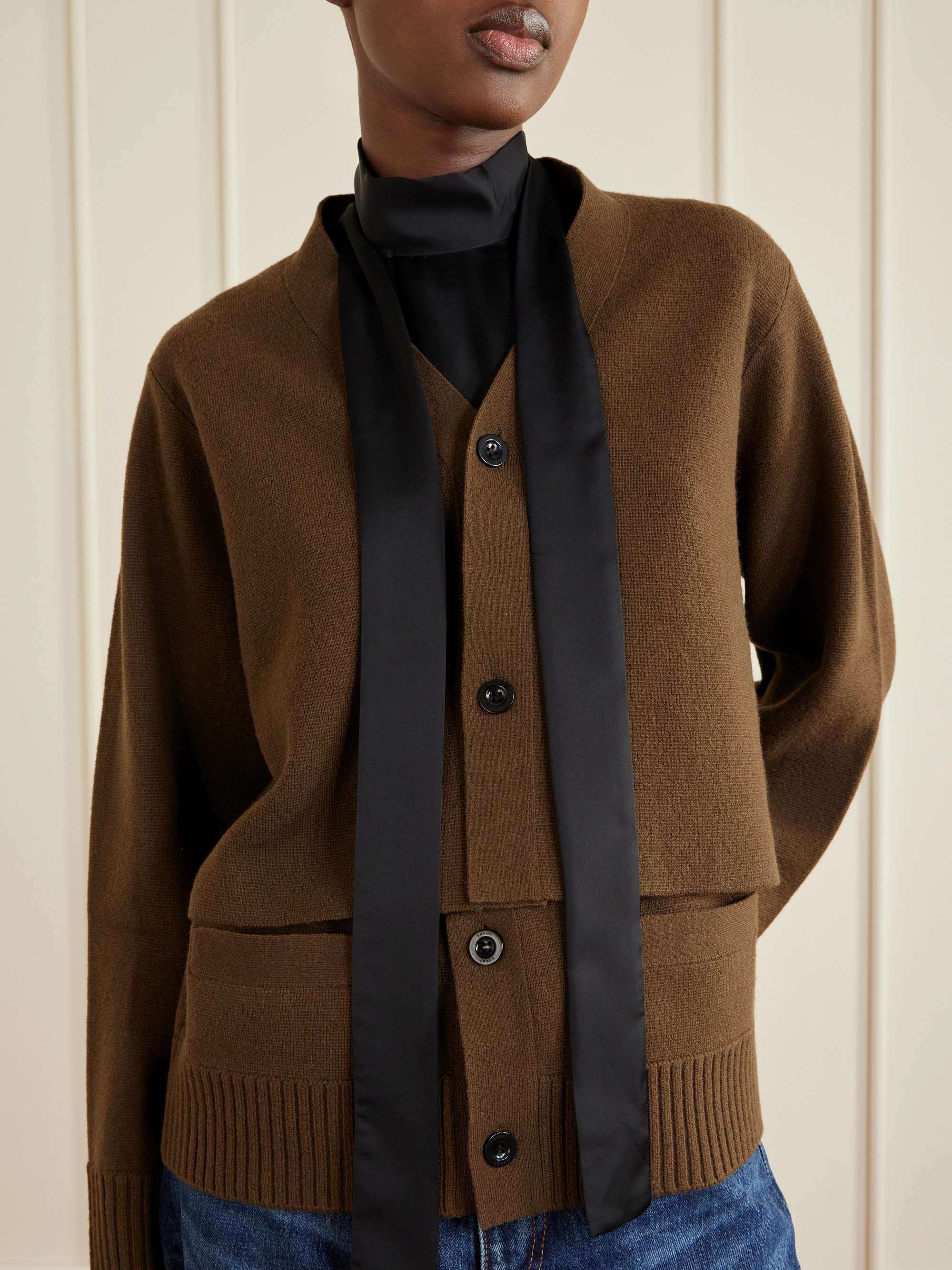 SACAI Scarf-detailed wool cardigan | NET-A-PORTER