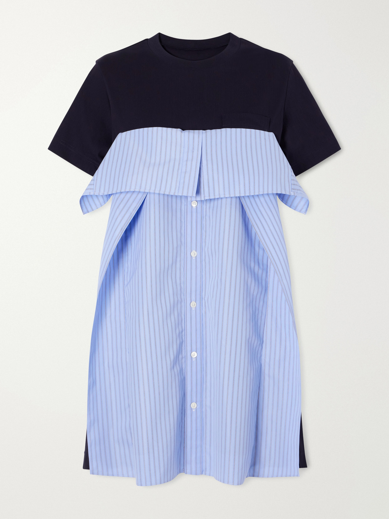 Sacai Paneled Ruffled Cotton-jersey And Poplin Mini Dress In Blue