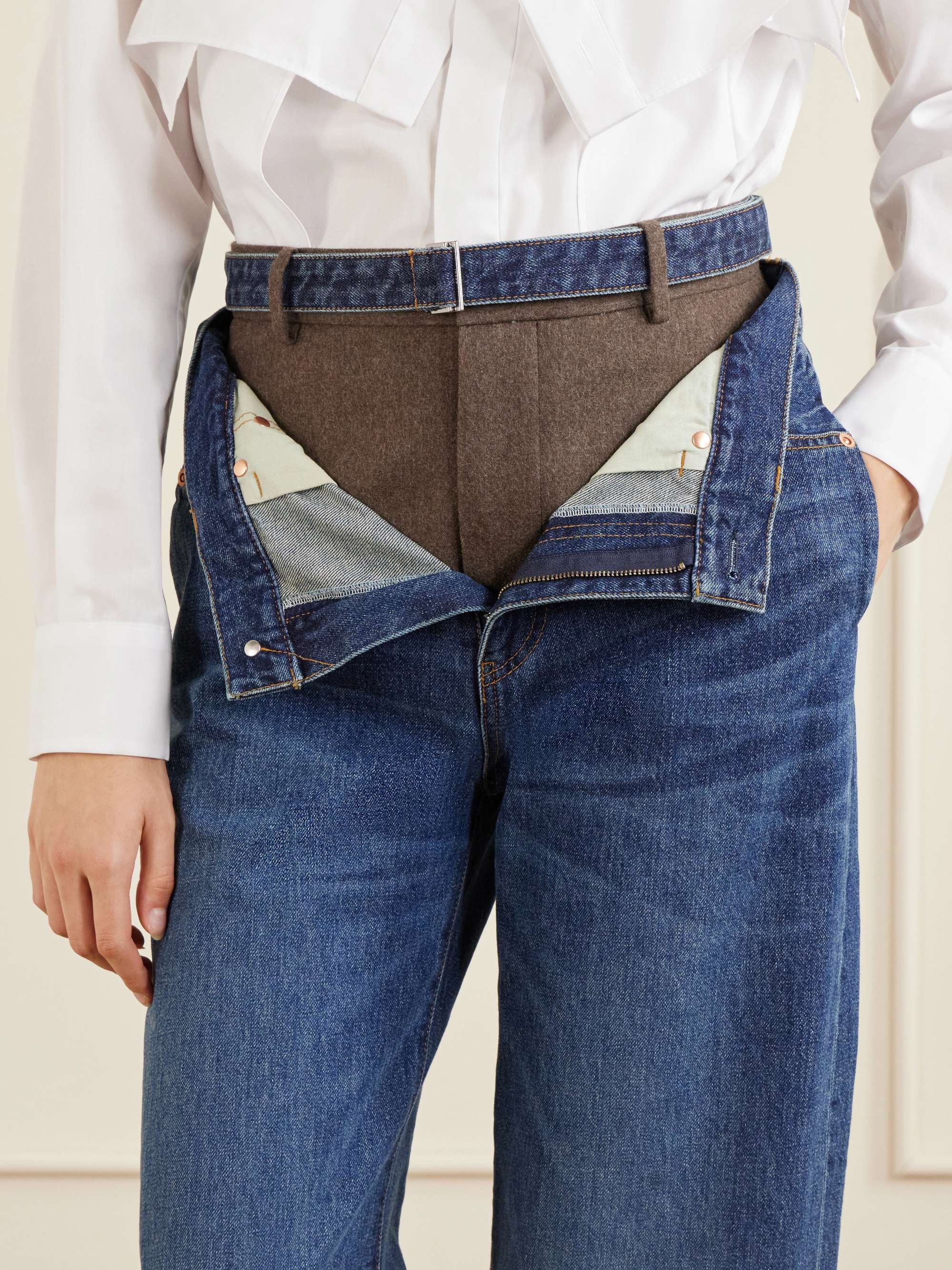 SACAI Wide-leg denim and wool-flannel pants | NET-A-PORTER