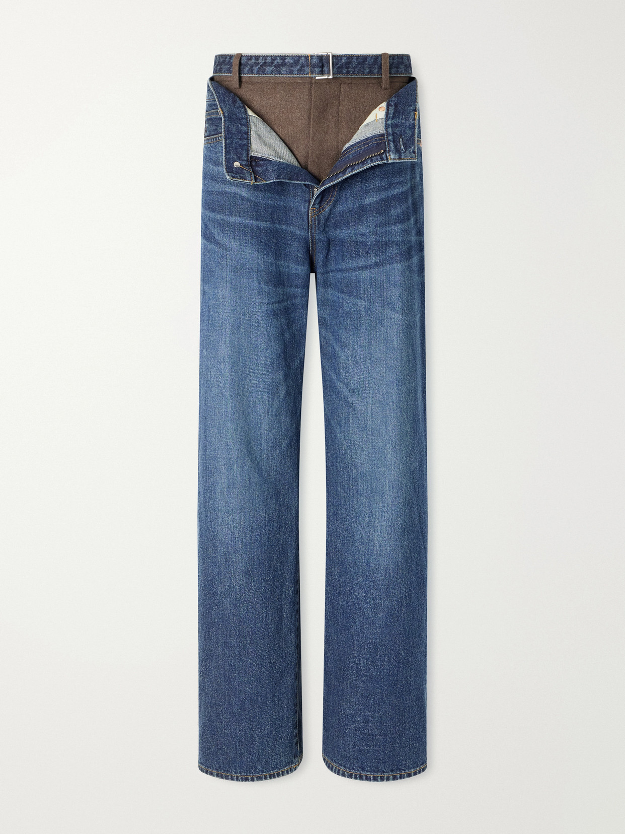 Sacai Wide-leg Denim And Wool-flannel Pants In Blue