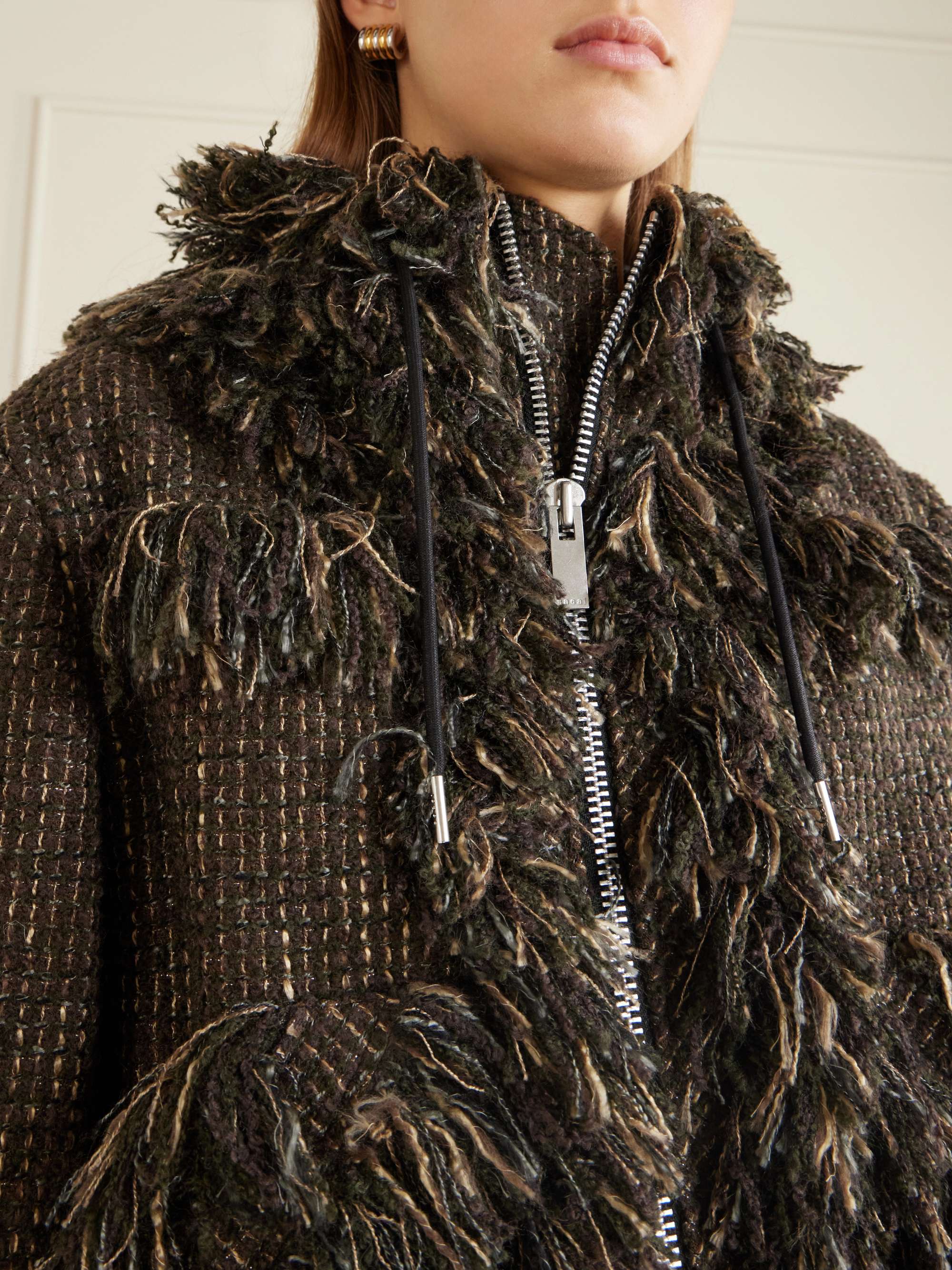 SACAI Wool-blend frayed tweed zip-up jacket | NET-A-PORTER