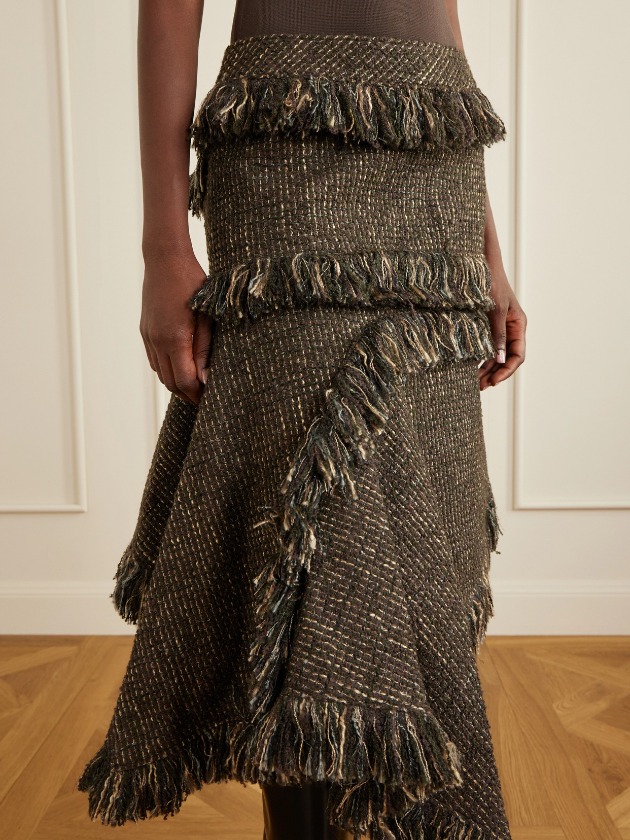 Fringed Wool-Blend Tweed Midi