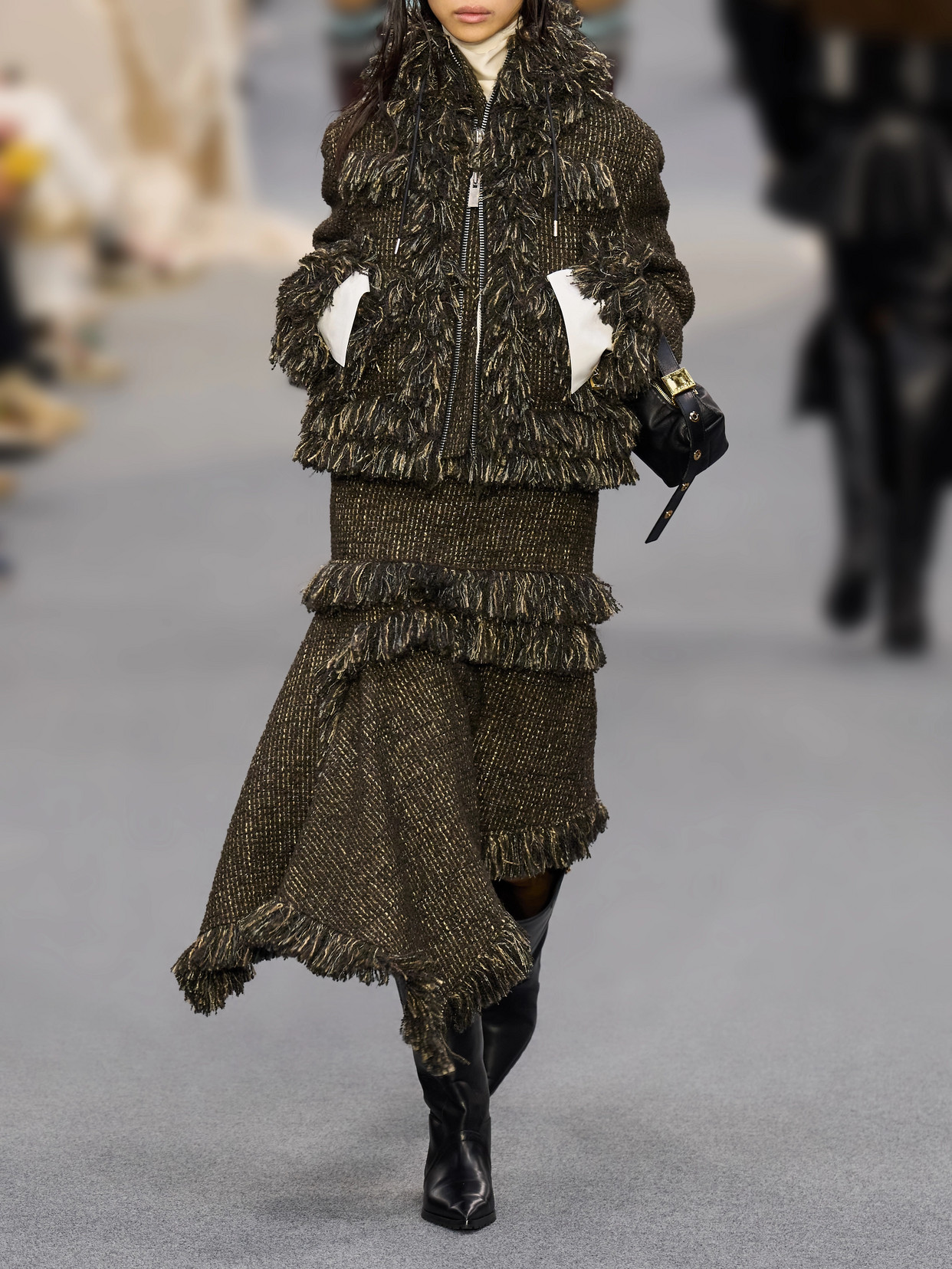 Fringed Wool-Blend Tweed Midi