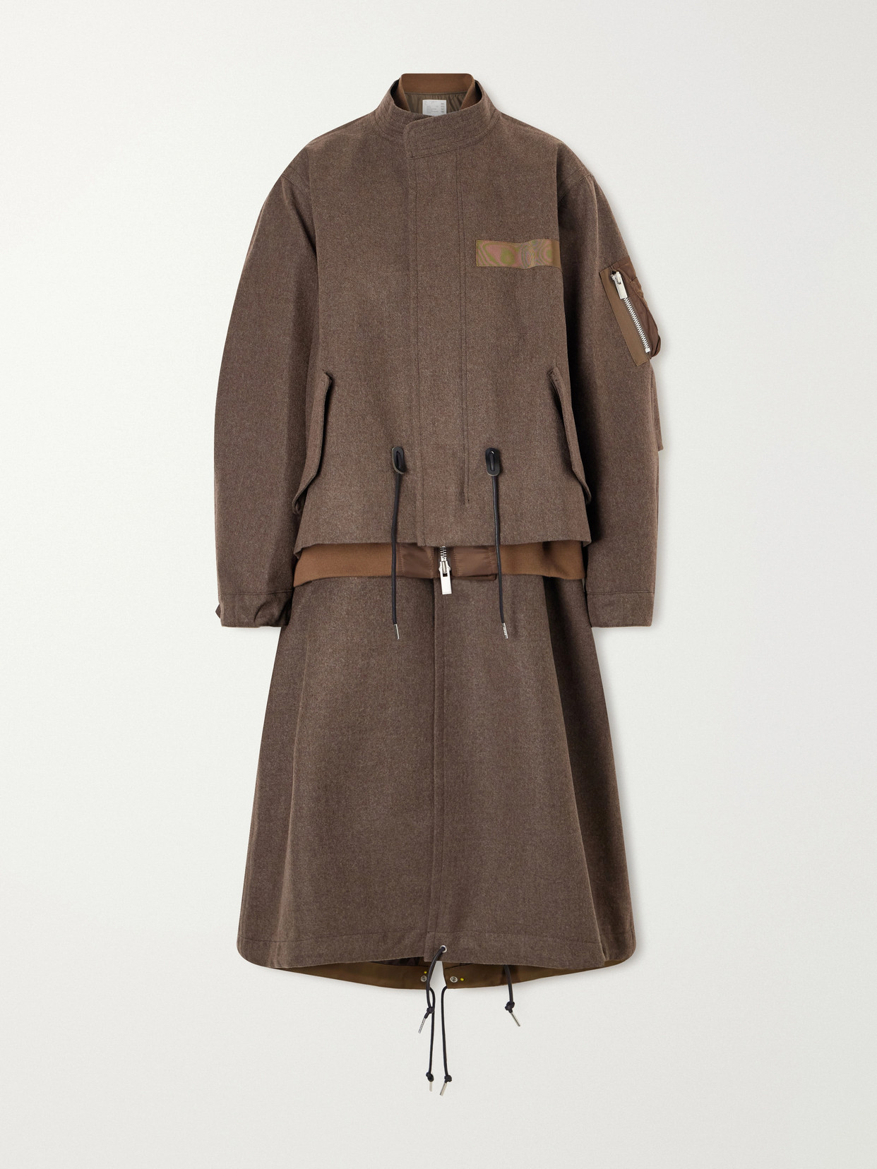 Sacai Shell-trimmed Wool-flannel Coat In Brown
