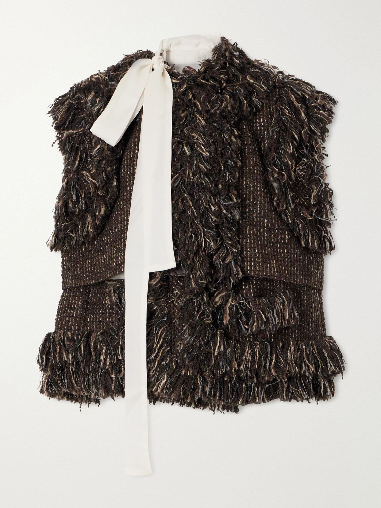Sacai Bow-detailed Fringed Wool-blend Tweed Vest In Brown