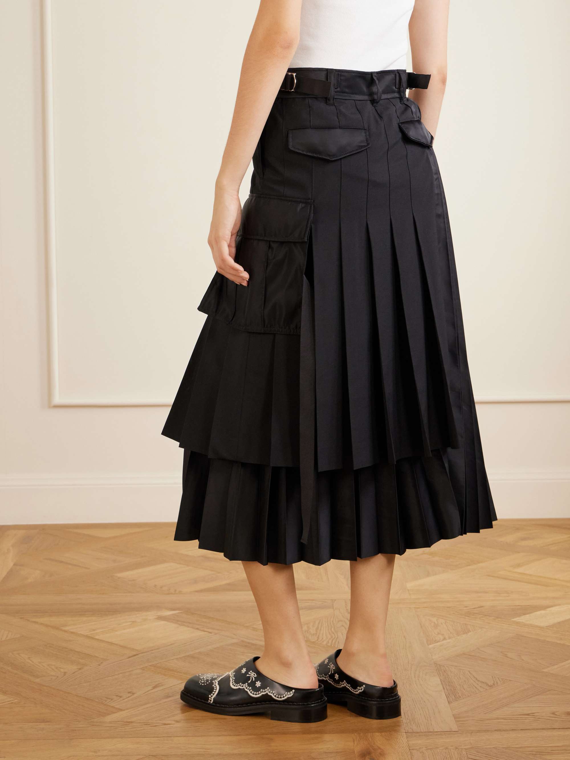 SACAI Pleated twill and shell midi skirt | NET-A-PORTER