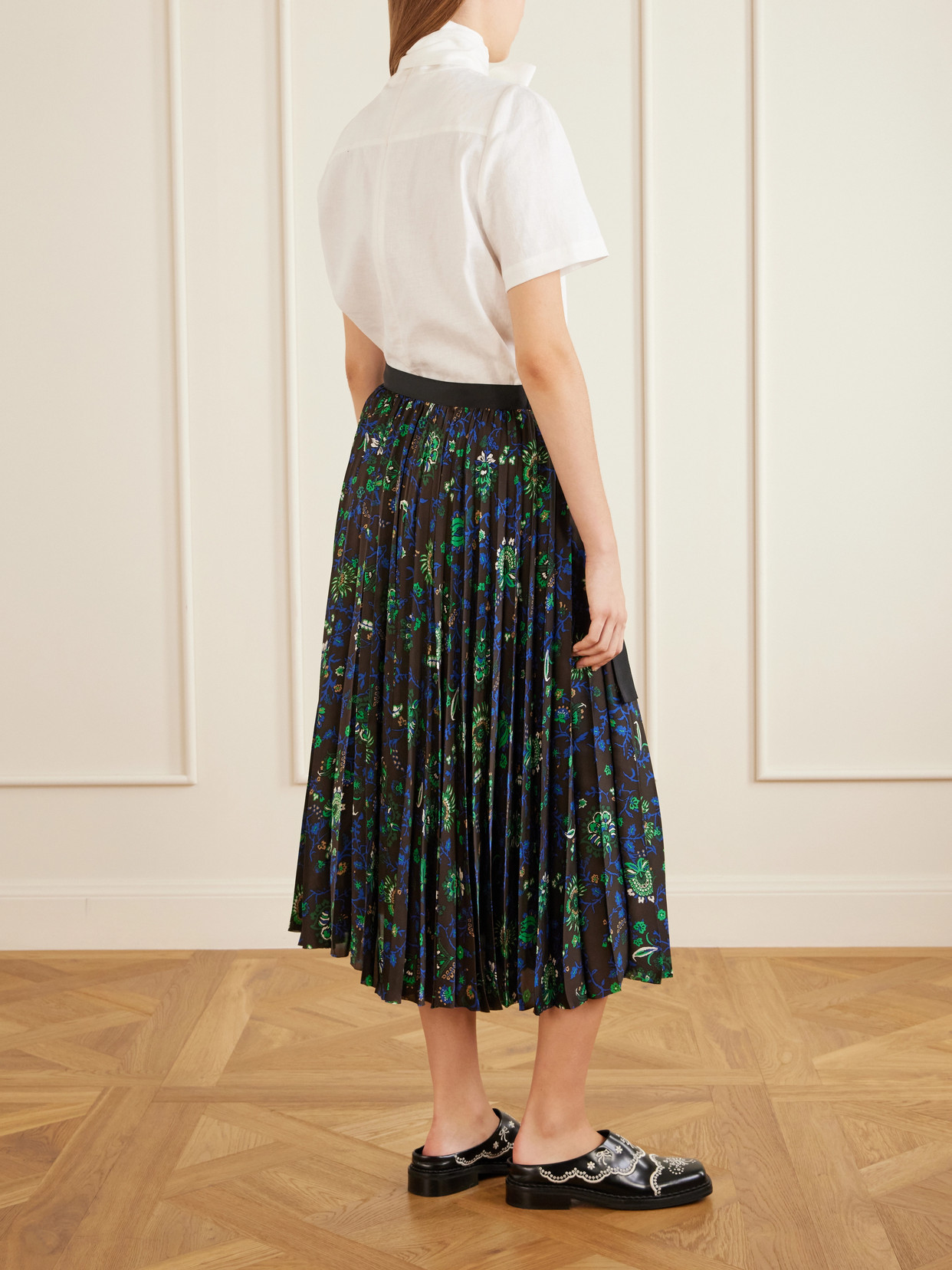Belted Grosgrain-Trimmed Pleated Floral-Print Georgette Midi