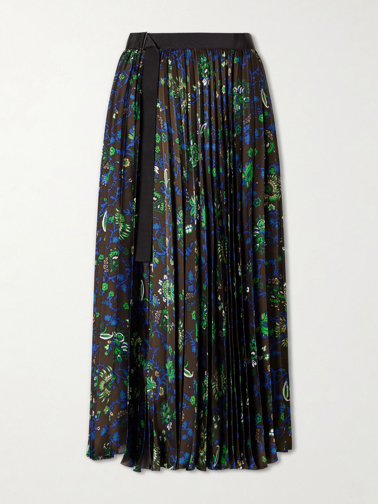 belted grosgrain trimmed pleated floral print georgette midi skirt