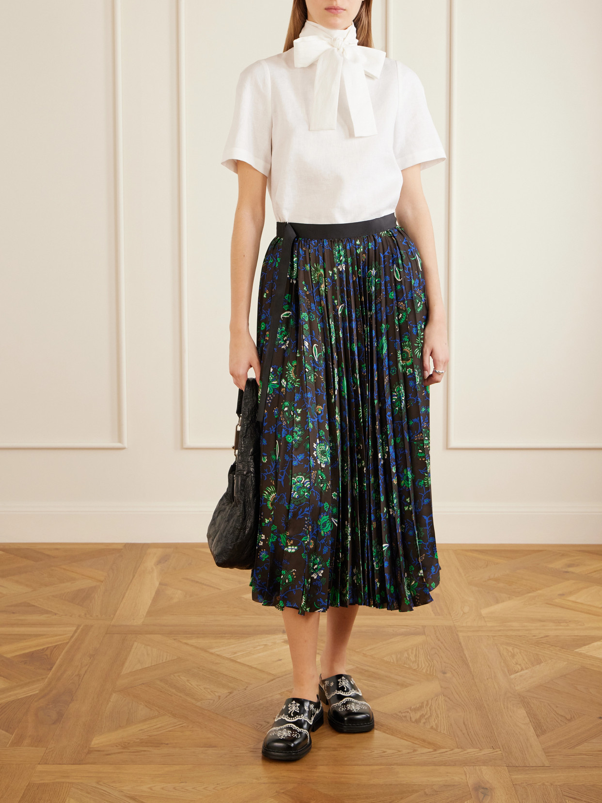 Belted Grosgrain-Trimmed Pleated Floral-Print Georgette Midi