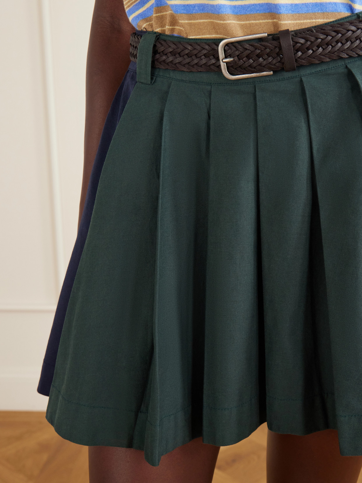 Odessa Belted Pleated Leather-Trimmed Cotton-Poplin Mini