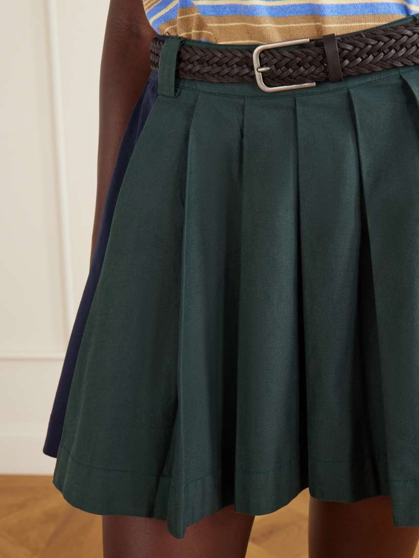 Sea Odessa Belted Pleated Leather-trimmed Cotton-poplin Mini Skirt | Thumbnail 4 Sea Odessa Belted Pleated Leather-trimmed Cotton-poplin Mini Skirt | Thumbnail 4