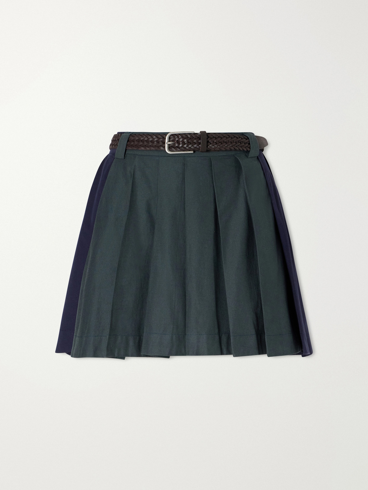 Sea Odessa Belted Pleated Leather-trimmed Cotton-poplin Mini Skirt In Green