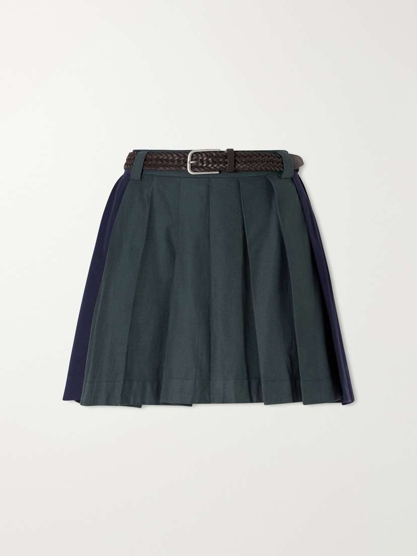 Sea Odessa Belted Pleated Leather-trimmed Cotton-poplin Mini Skirt