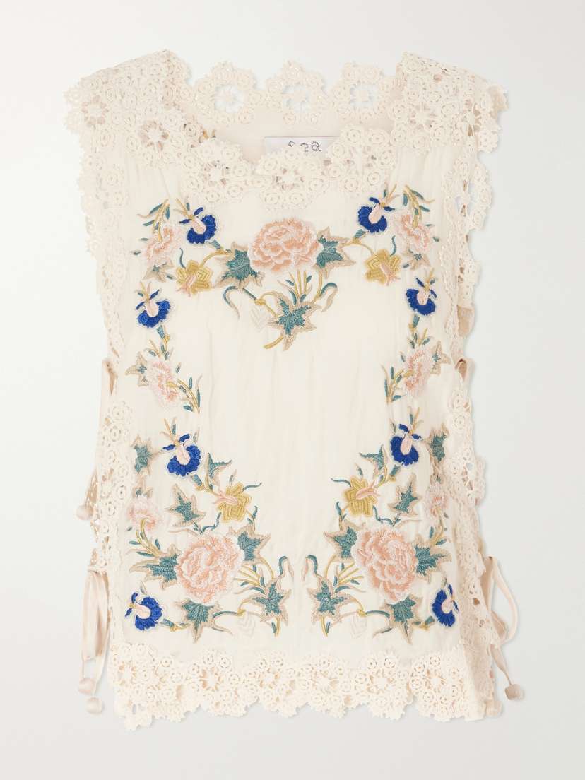 Sea Adonna Floral-embroidered Crochet-trimmed Cotton Tank