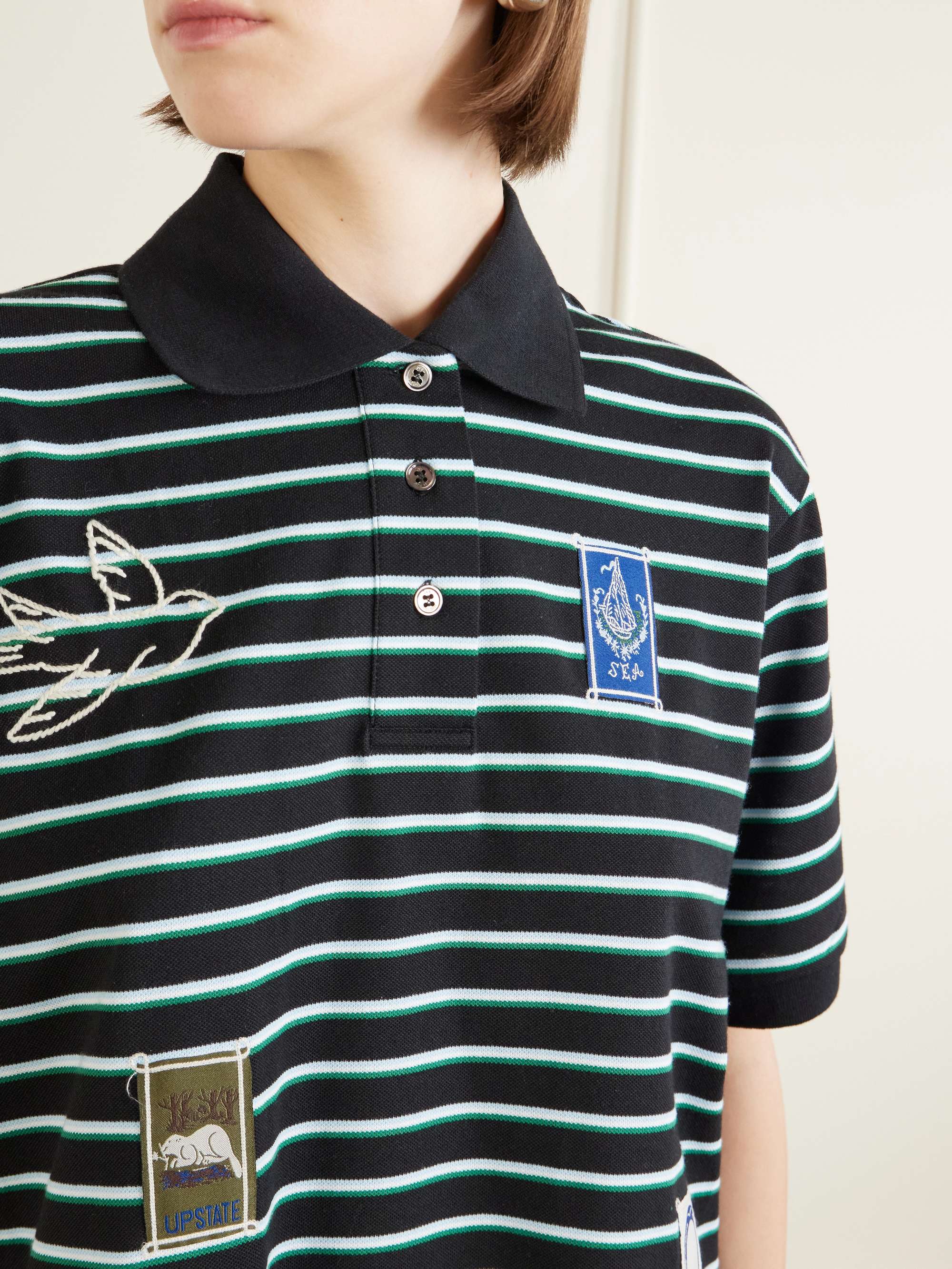 SEA Winslow appliquéd embroidered striped cotton polo shirt | NET
