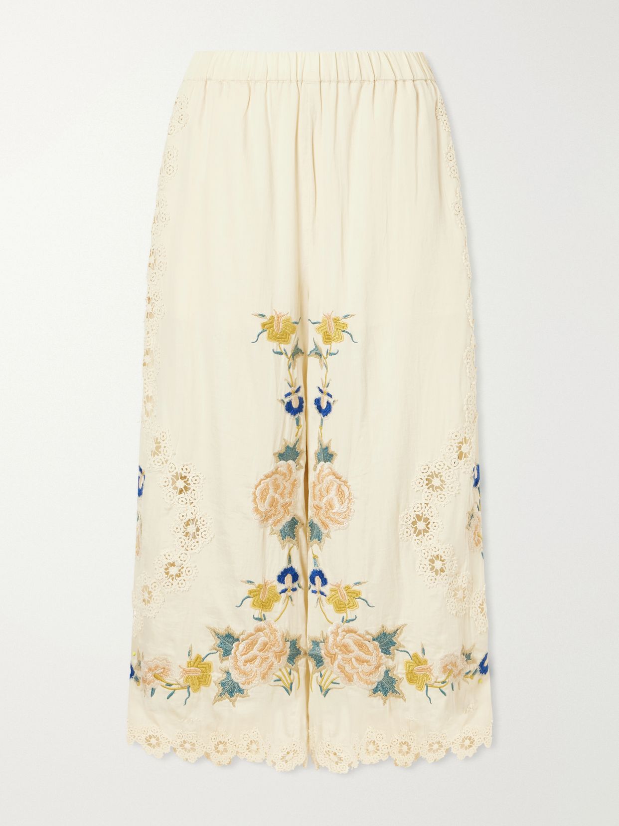 addona floral embroidered broderie anglaise trimmed cotton wide leg pants