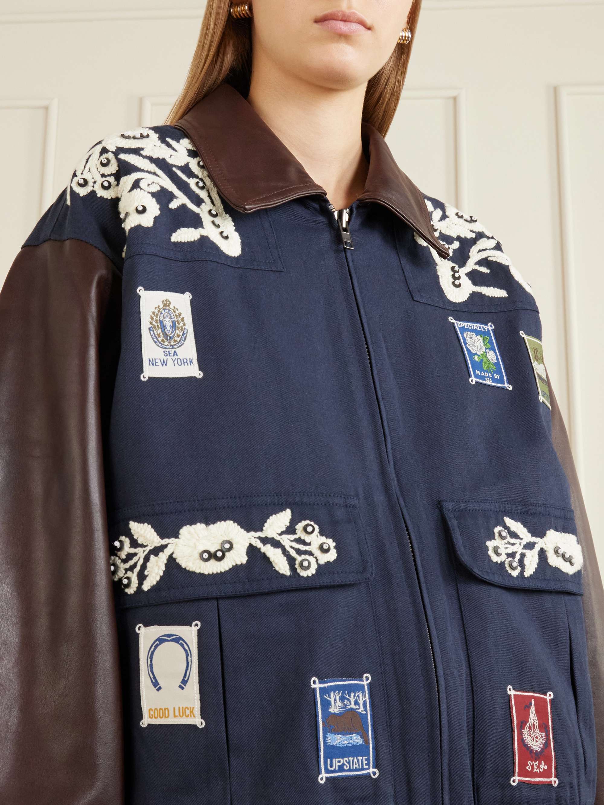 SEA Georgie embroidered cotton-canvas and leather jacket | NET-A